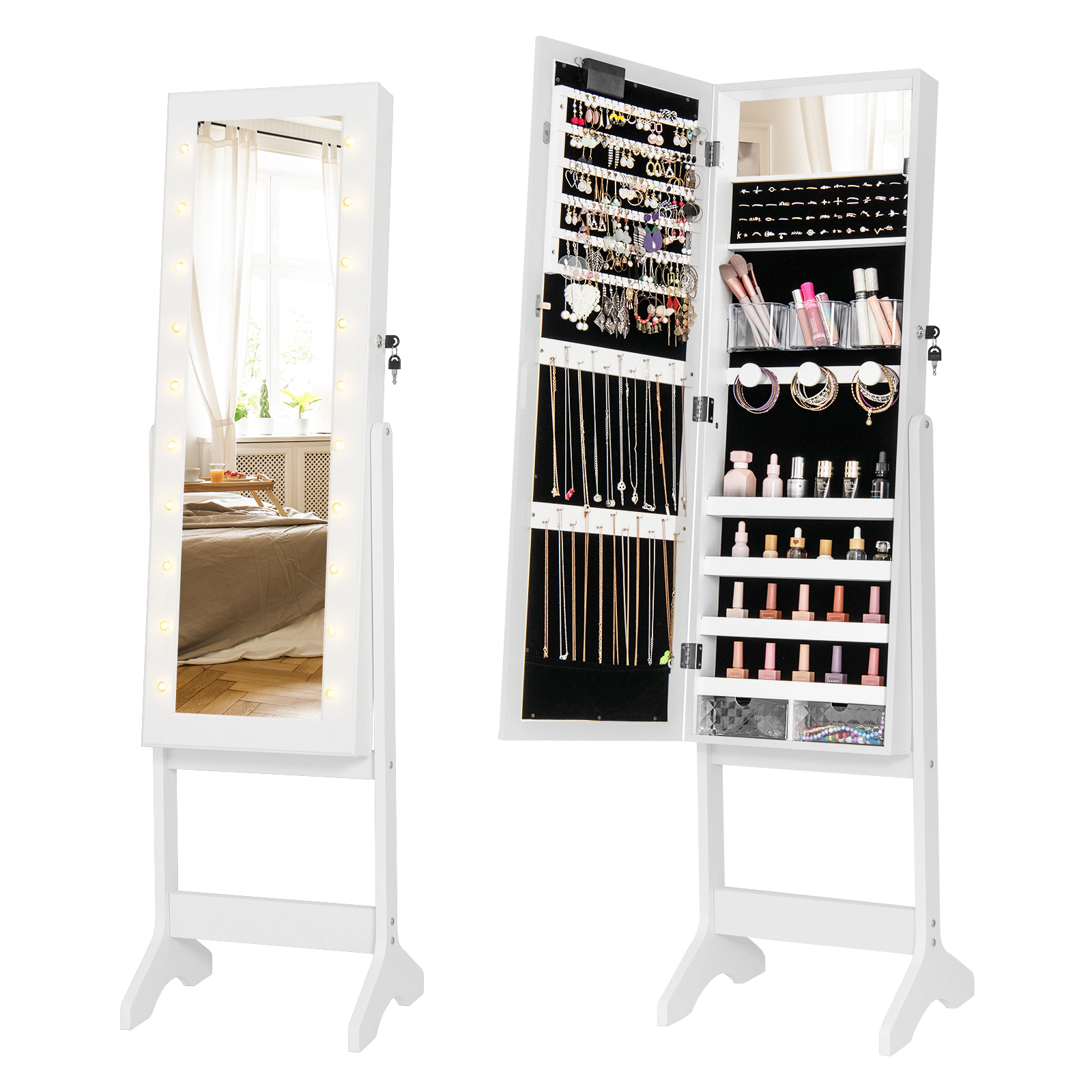 SUGIFT 61.5-in Full-Length Mirror Jewelry Cabinet with 20 Warm Lights and 4 Tilt Angles MDF Frame White