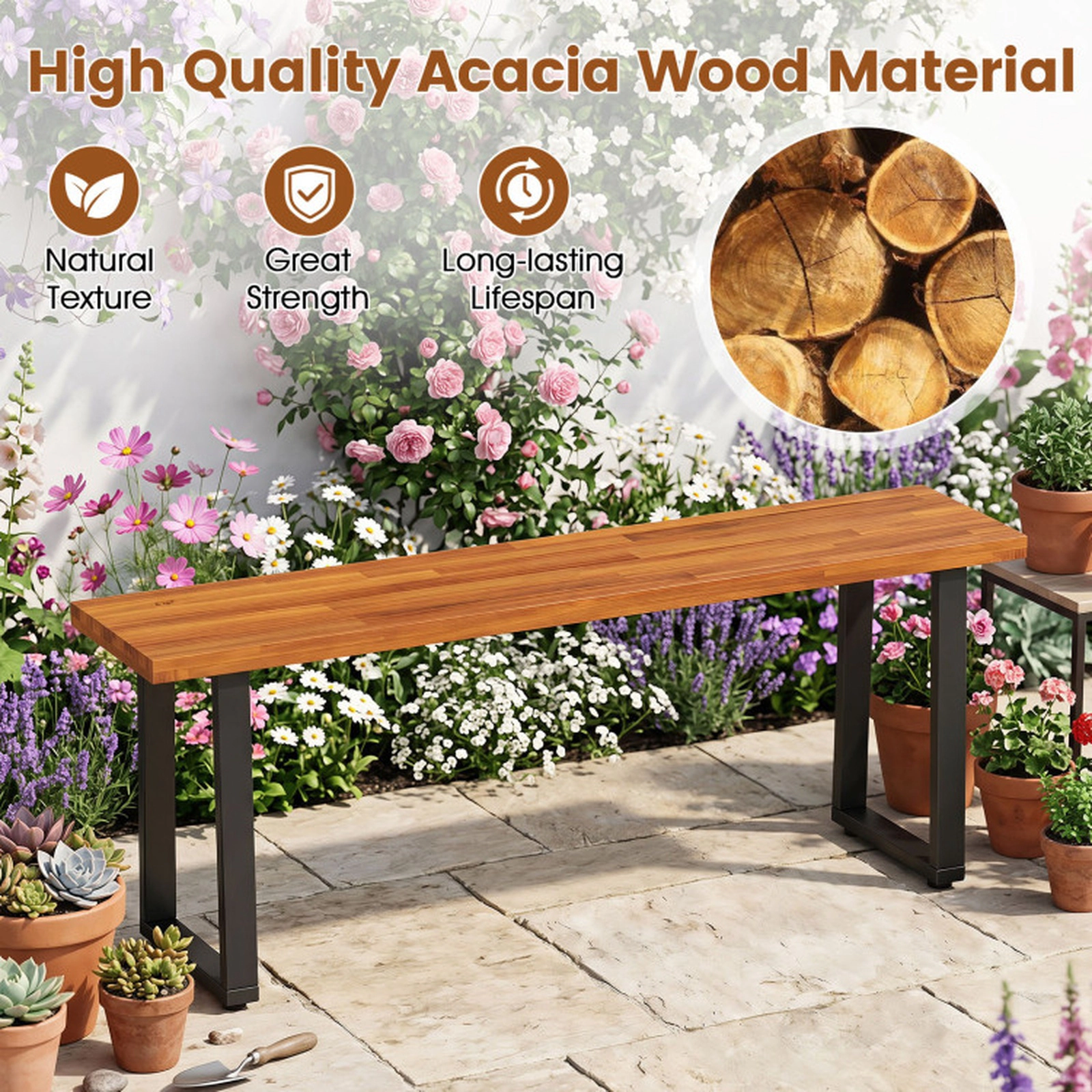 SUGIFT Set of 2 Acacia Wood Patio Dining Benches 800-lb Capacity 47-in Long Entryway and Poolside Seating