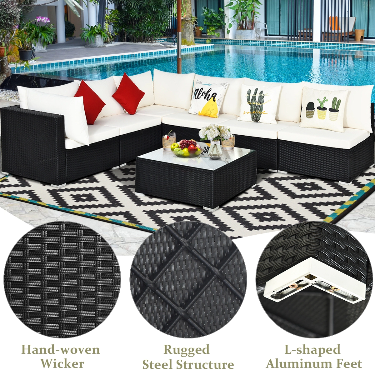 LJG 7-Piece Outdoor Sectional Wicker Patio Sofa Set with Tempered Glass Top