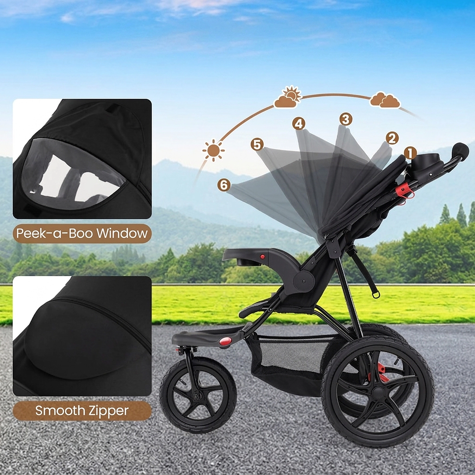 SUGIFT Black 33-lb Capacity 15.5-in Air-Filled Tire Foldable Jogging Stroller with Detachable Trays
