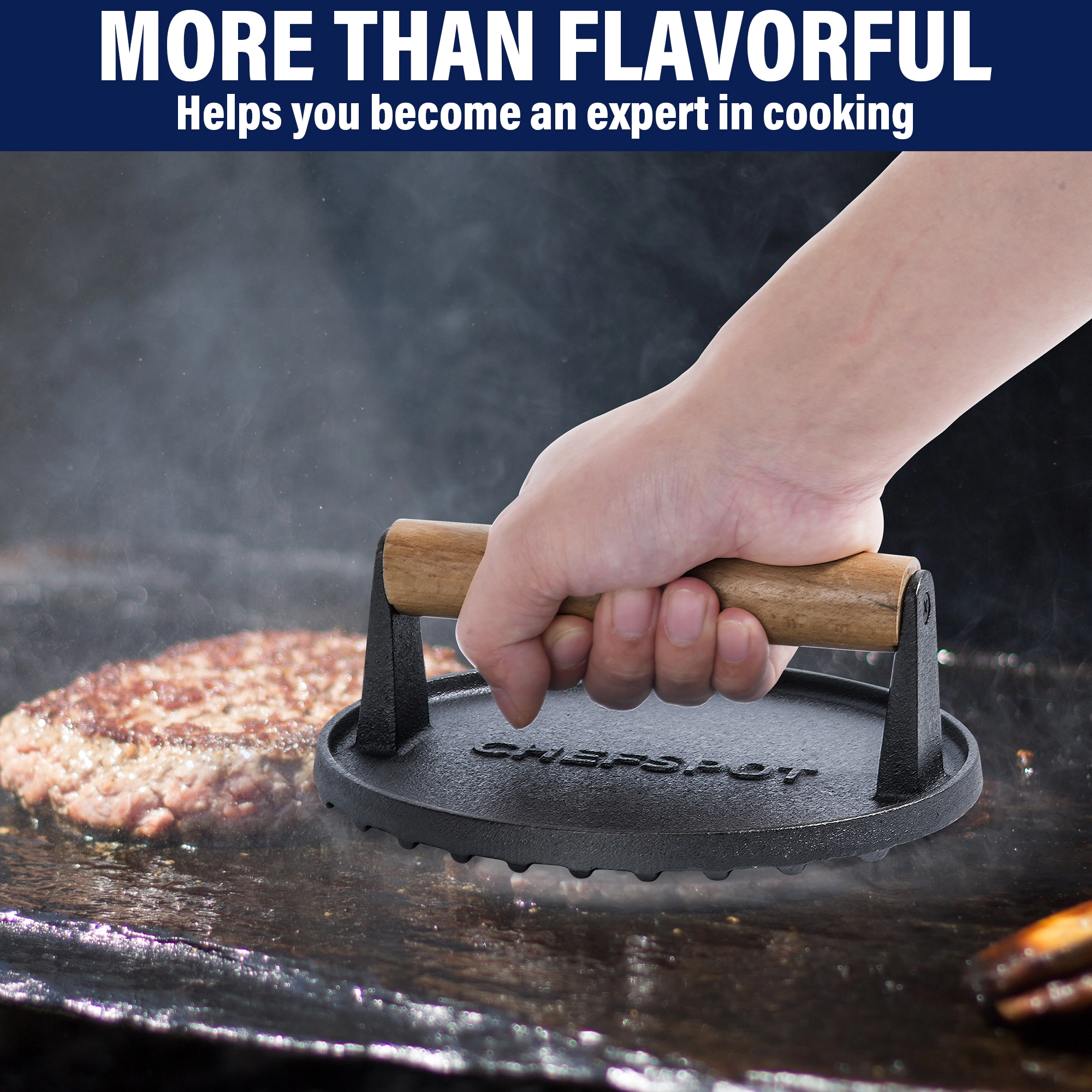 CHEFSPOT 7 Inch Cast Iron Burger Press With Wood Handle