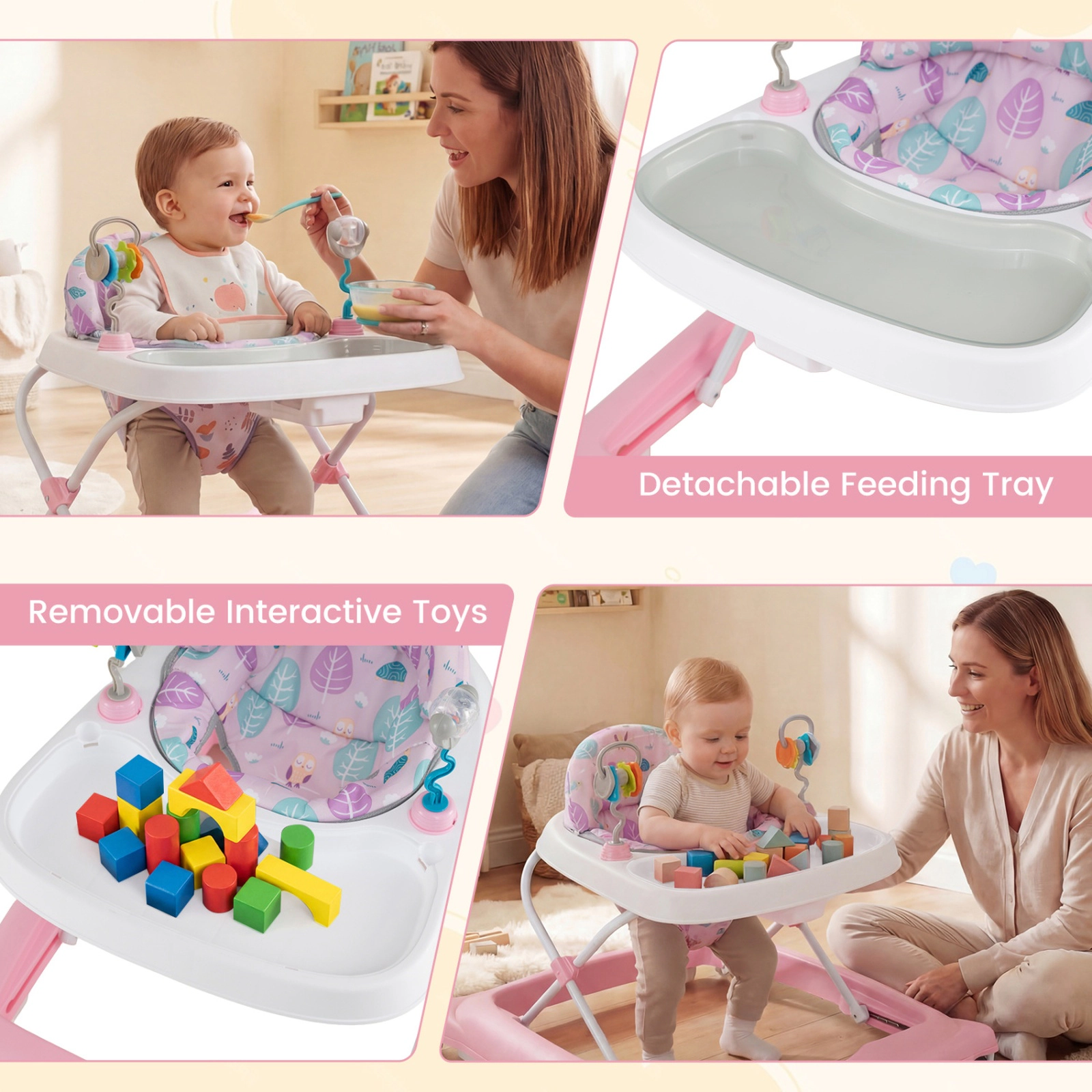 SUGIFT Foldable Baby Walker Adjustable Height & Feeding Tray 26-lb Capacity Ages 6-12 Months Pink with Shape Sorters