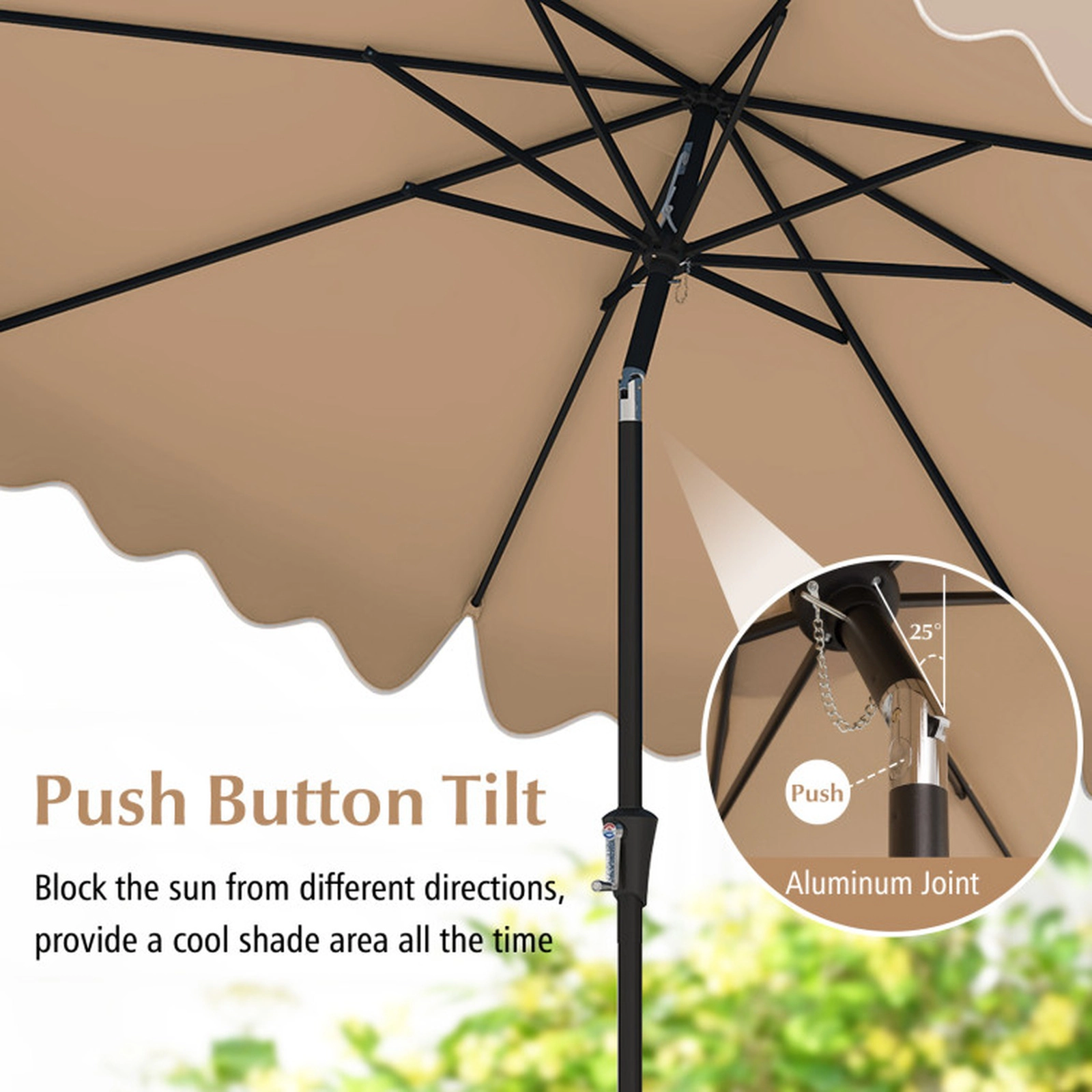 SUGIFT 9-ft Brown Scalloped Ruffled Patio Umbrella with 8 Ribs Vented Top Safety Latch and Fastener Tabs