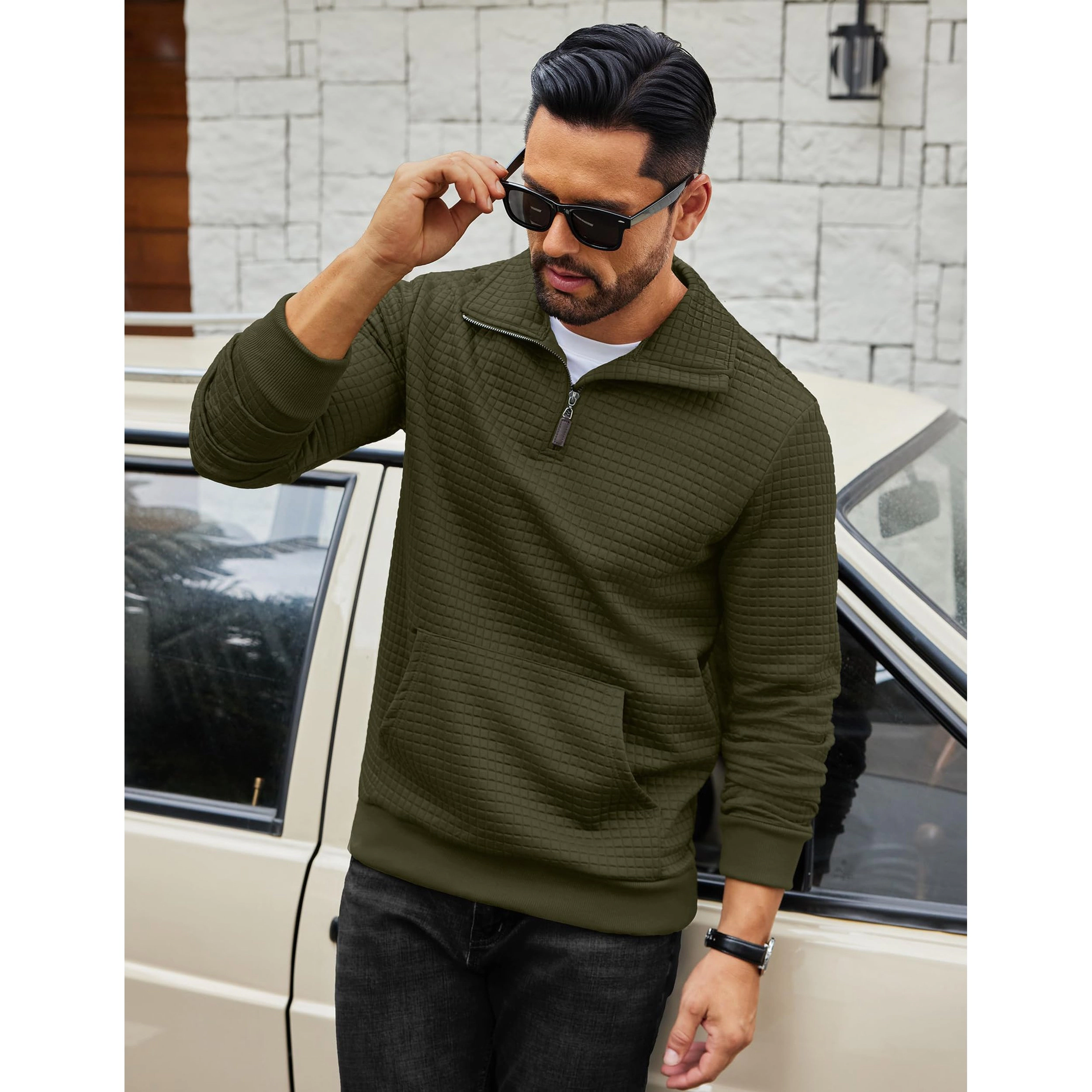 COOFANDY Men's Regular Fit Textured Quarter Zip Pullover Sweater