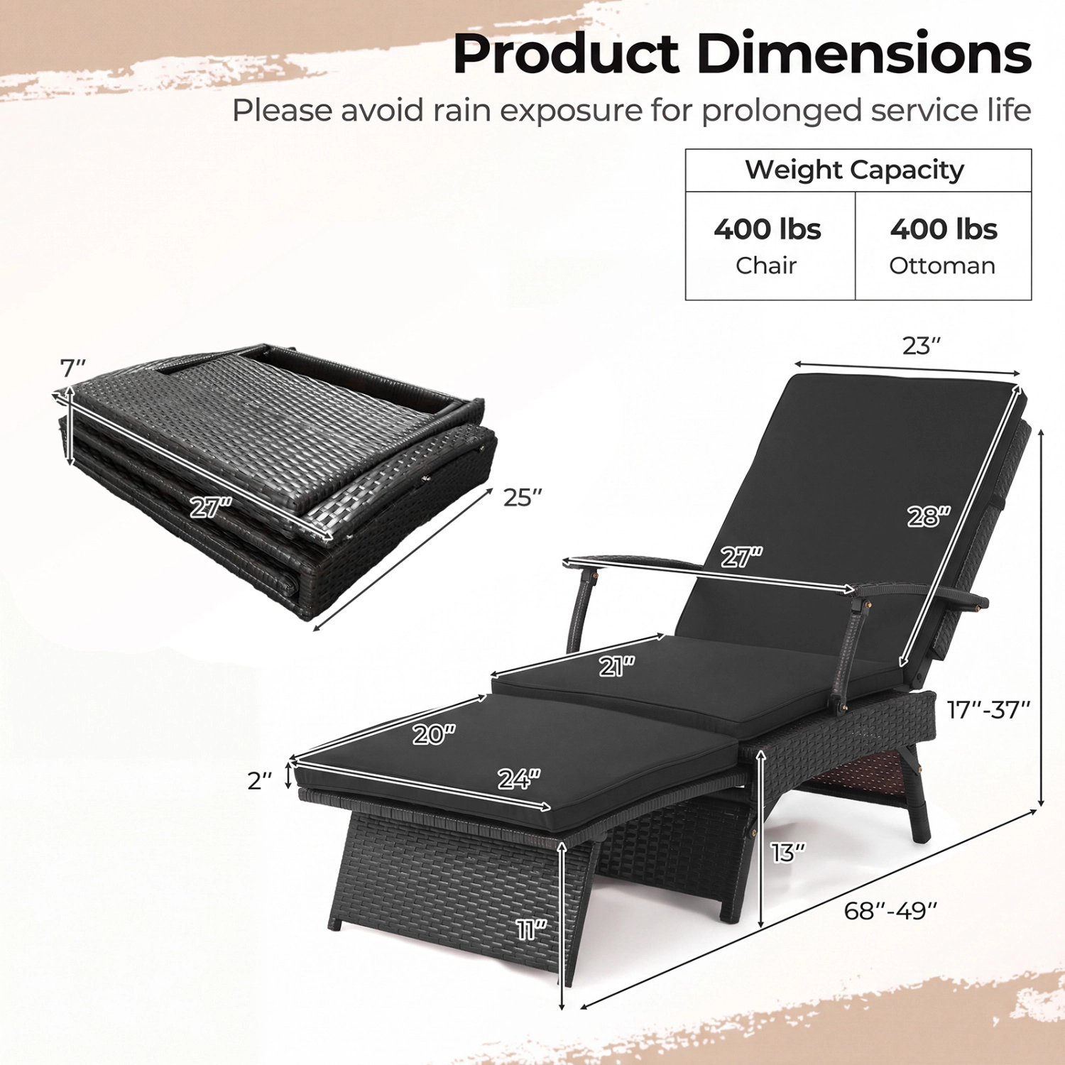 LJG Folding Wicker Chaise Lounge with Slide-Out Ottoman11-Level Adjustable Backrest to Flat and Sun-Proof PE Rattan