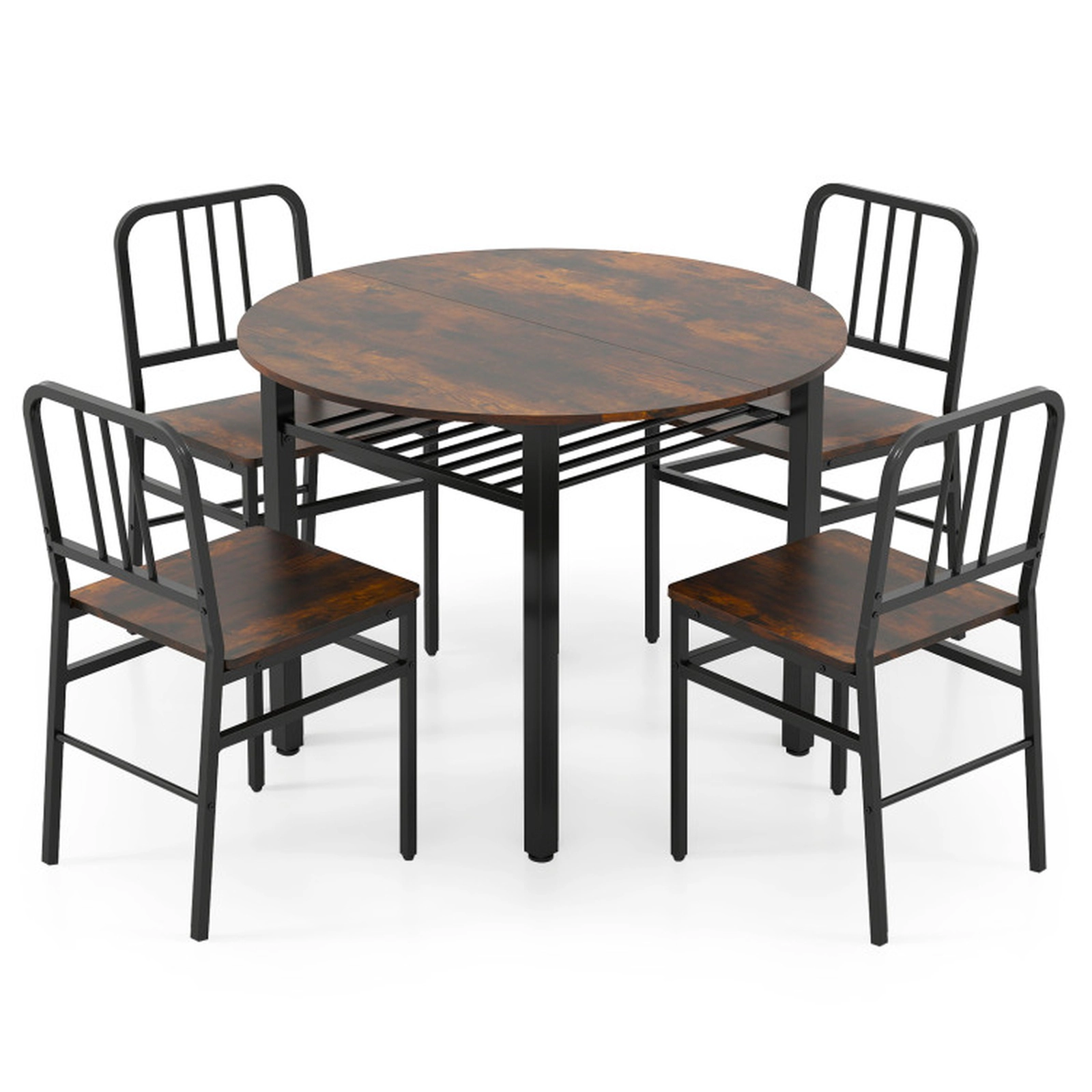SUGIFT Rustic Brown 40 Inch Table Storage Shelf and 4 Chairs 5-Piece Round Dining Table Set