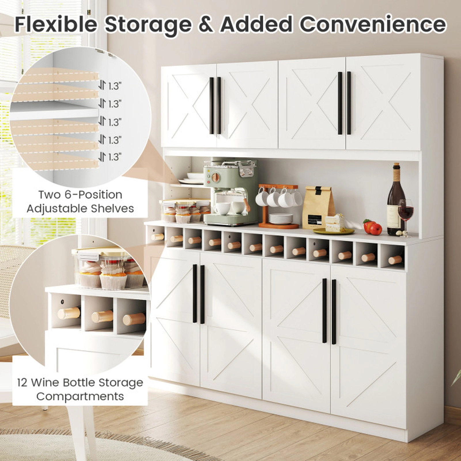 SUGIFT 70-in Farmhouse 4 Cabinets 2 Cubbies 12 Wine Slots Kitchen Pantry Cabinet 63-in x 16-in 330-lb Capacity White