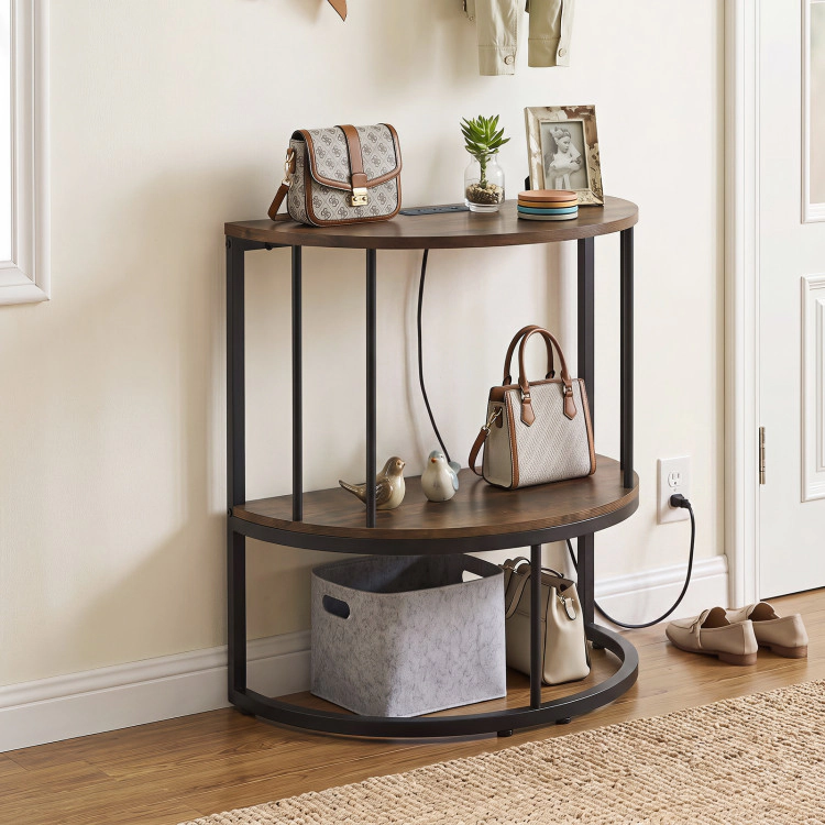 Hivvago 2-Tier Half Moon Console Table With Power Outlets And Storage Shel For Hallway