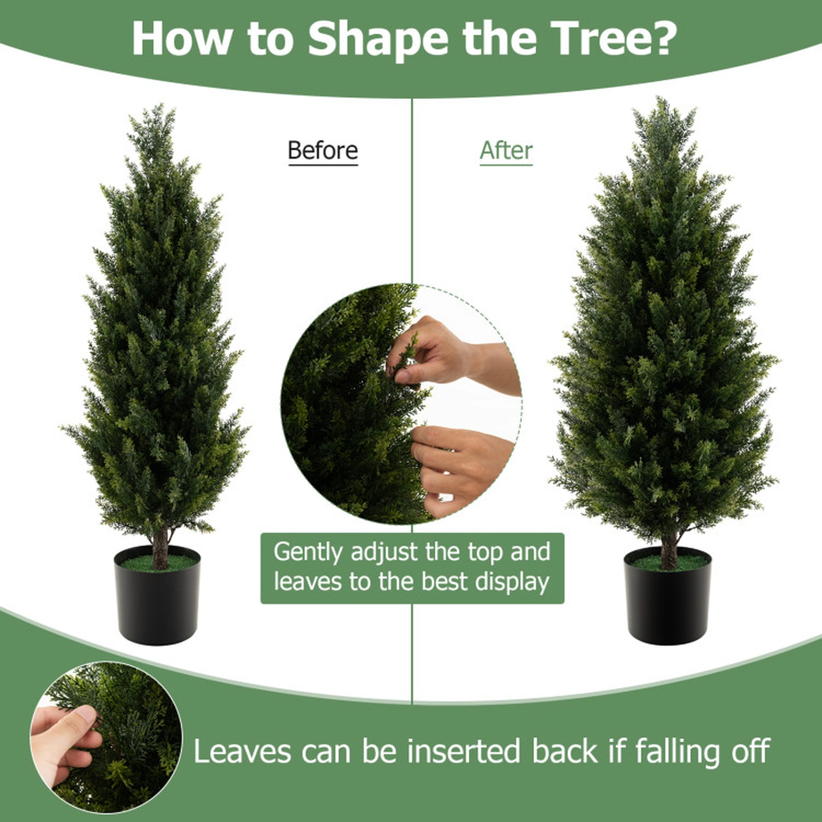 SUGIFT Dense Foliage Artificial Cedar Topiary Tree with Cement Plastic Pot 37-in Tall Green and Black with Faux Moss
