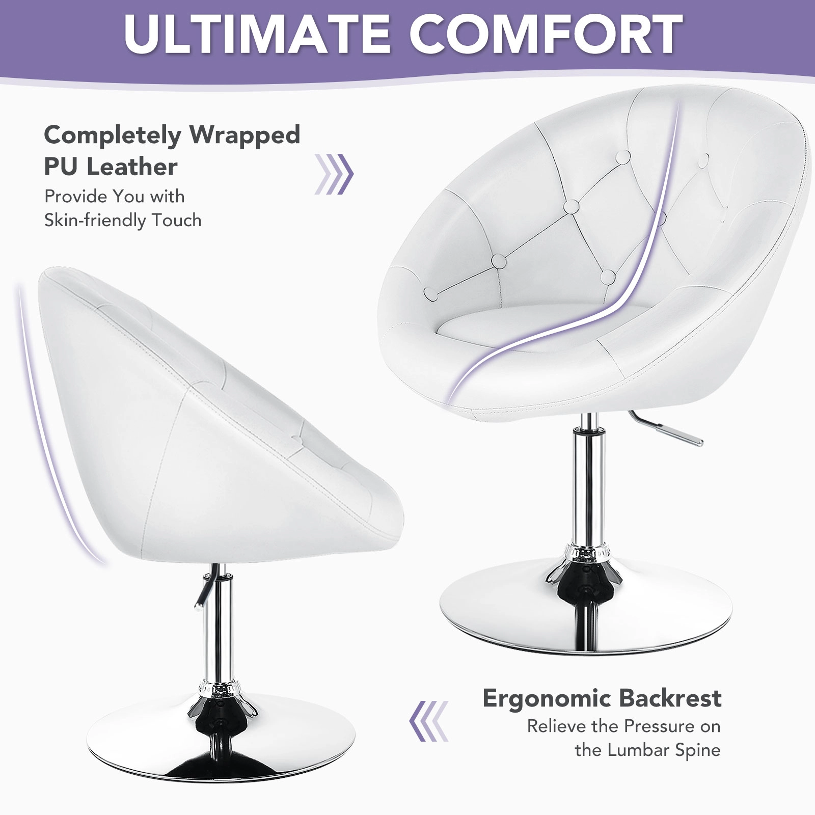 SUGIFT Adjustable Height 330-lb Capacity White Tufted Round Back Swivel Accent Chair with Chrome Frame