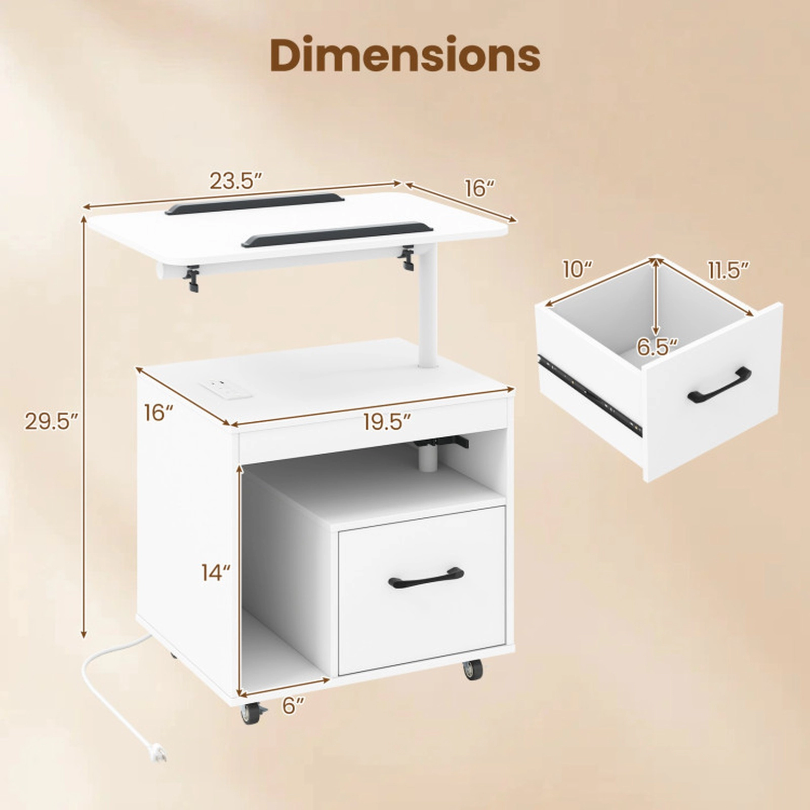 SUGIFT LED Nightstand with Power Outlets Flip Over & Rotatable Tabletop Bedside Table with Drawer & Storage Shelf White