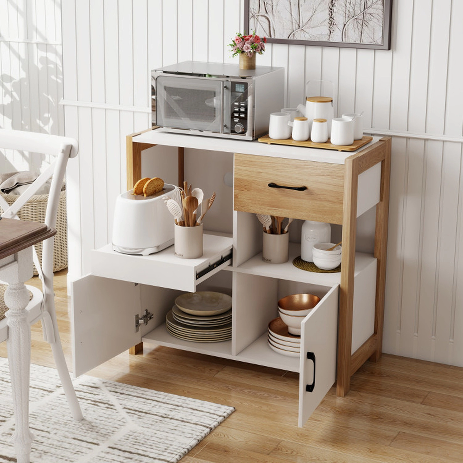 SUGIFT Kitchen Storage Sideboard Cabinet with Drawer Pull-Out Shelf, Drawer and 2 Doors 44-lb Countertop Capacity