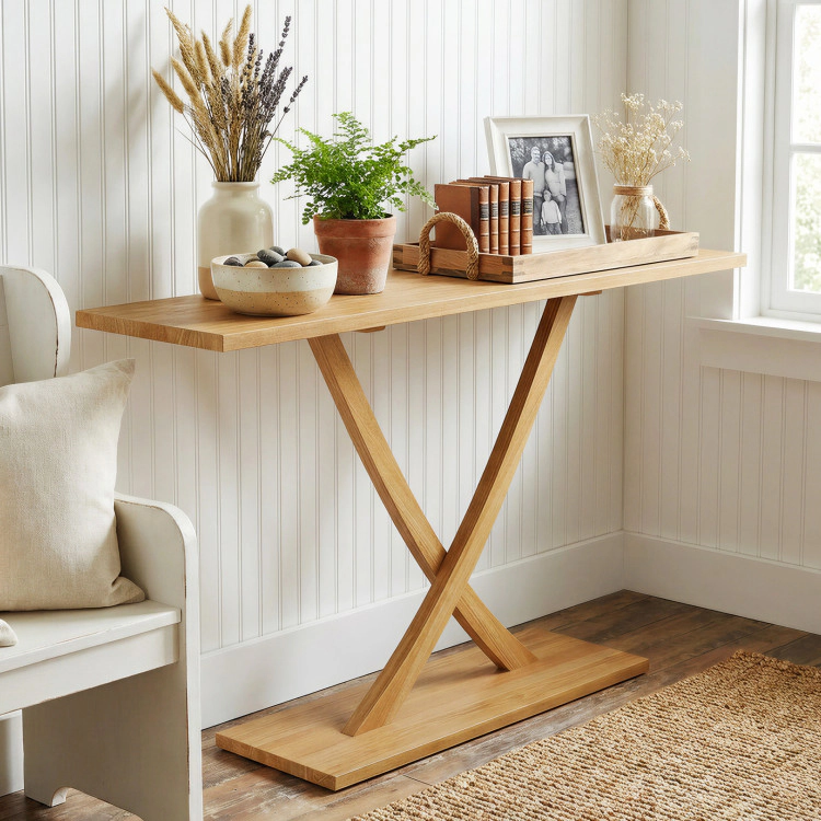 Hivvago 57 Inch Solid Wood Console Table With Teak Wood Frame And Geometric Design