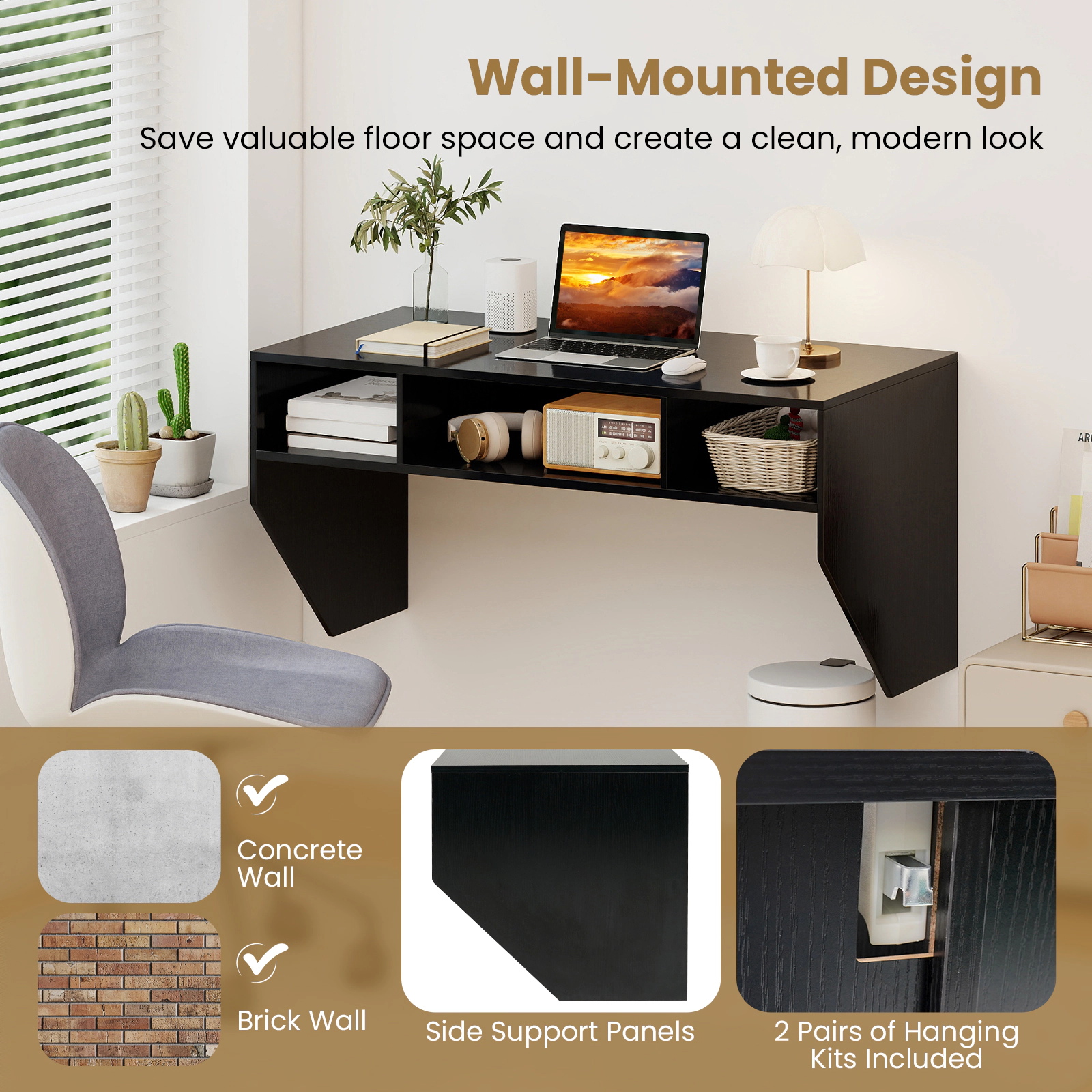 SUGIFT Wall-Mounted Floating Computer Desk with 3 Storage Compartments 45-Lb Tabletop Capacity 35-Lb Cube Capacity Black