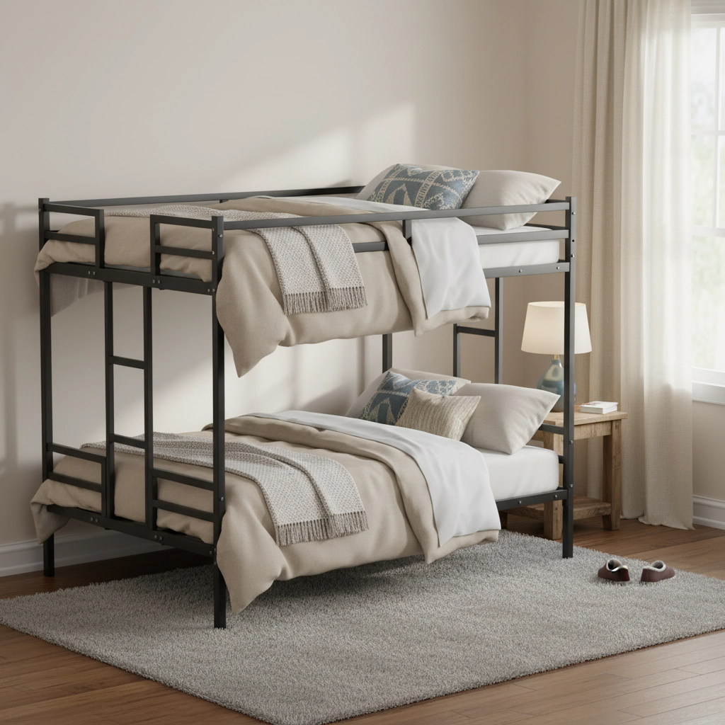 Flynama Queen Bunk Bed with Full-Length Guardrail & Ladder, Metal Frame, Black