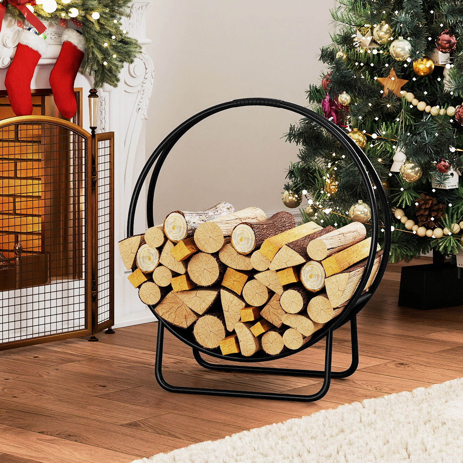 Hivvago Firewood Log Hoop 20 Inch Round Heavy-Duty Metal Curved Log Rack With Stand