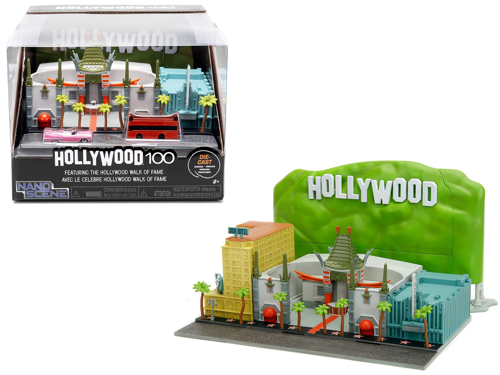 Jada "Hollywood 100" Walk of Fame Diorama with Pink Convertible and Double-Decker Bus "Nano Scene" Series model by Jada