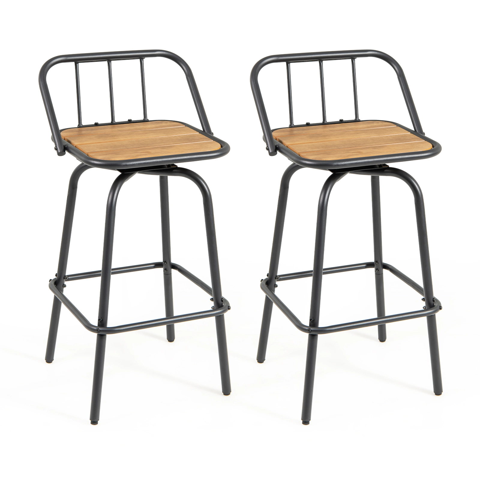 SUGIFT 360° Swivel Bar Stool Set of 2 with Curved Backrest and Footrest 275-lb Capacity Black + Natural