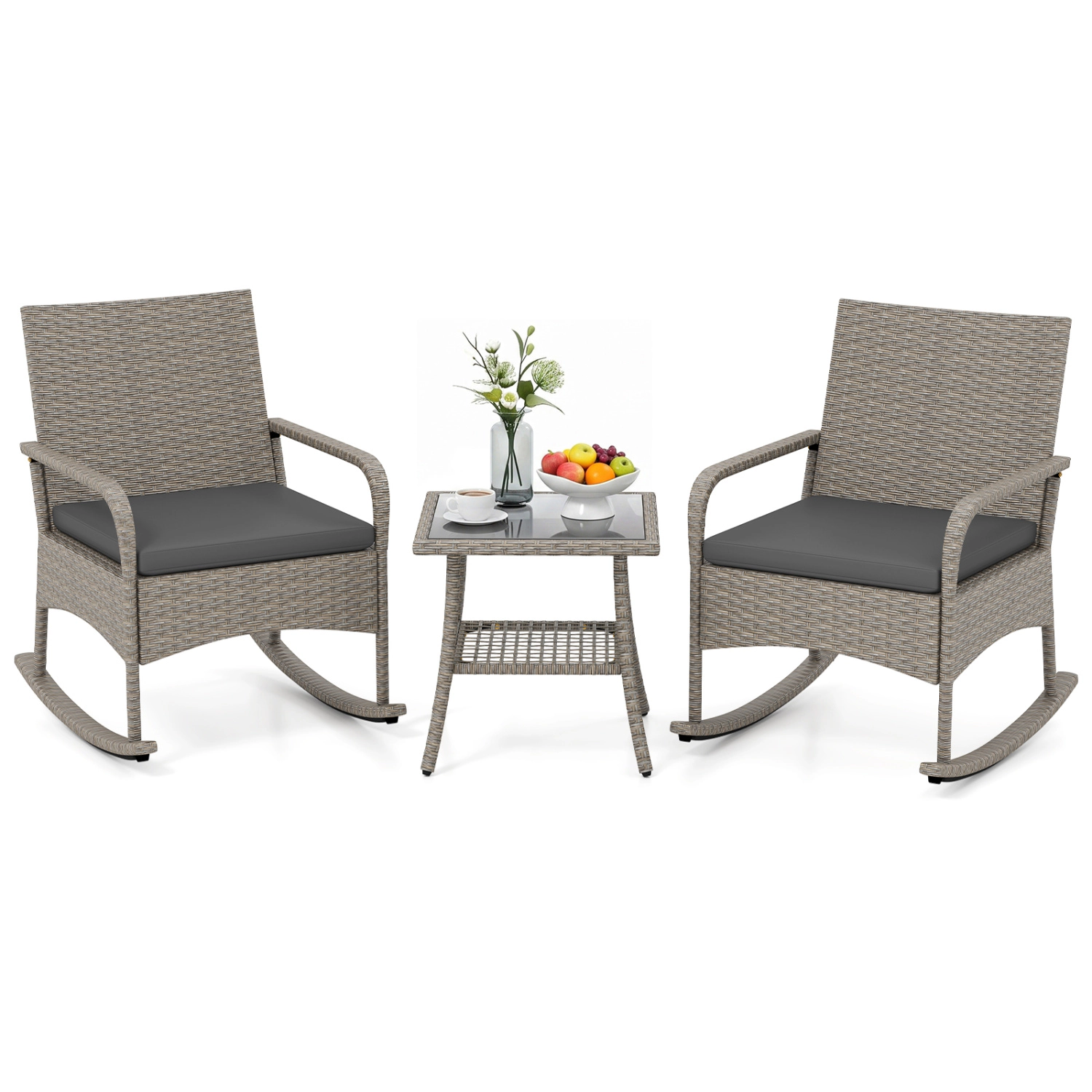 LJG 3-Piece Wicker Rocking Bistro Set with Cushions for Garden Backyard Porch