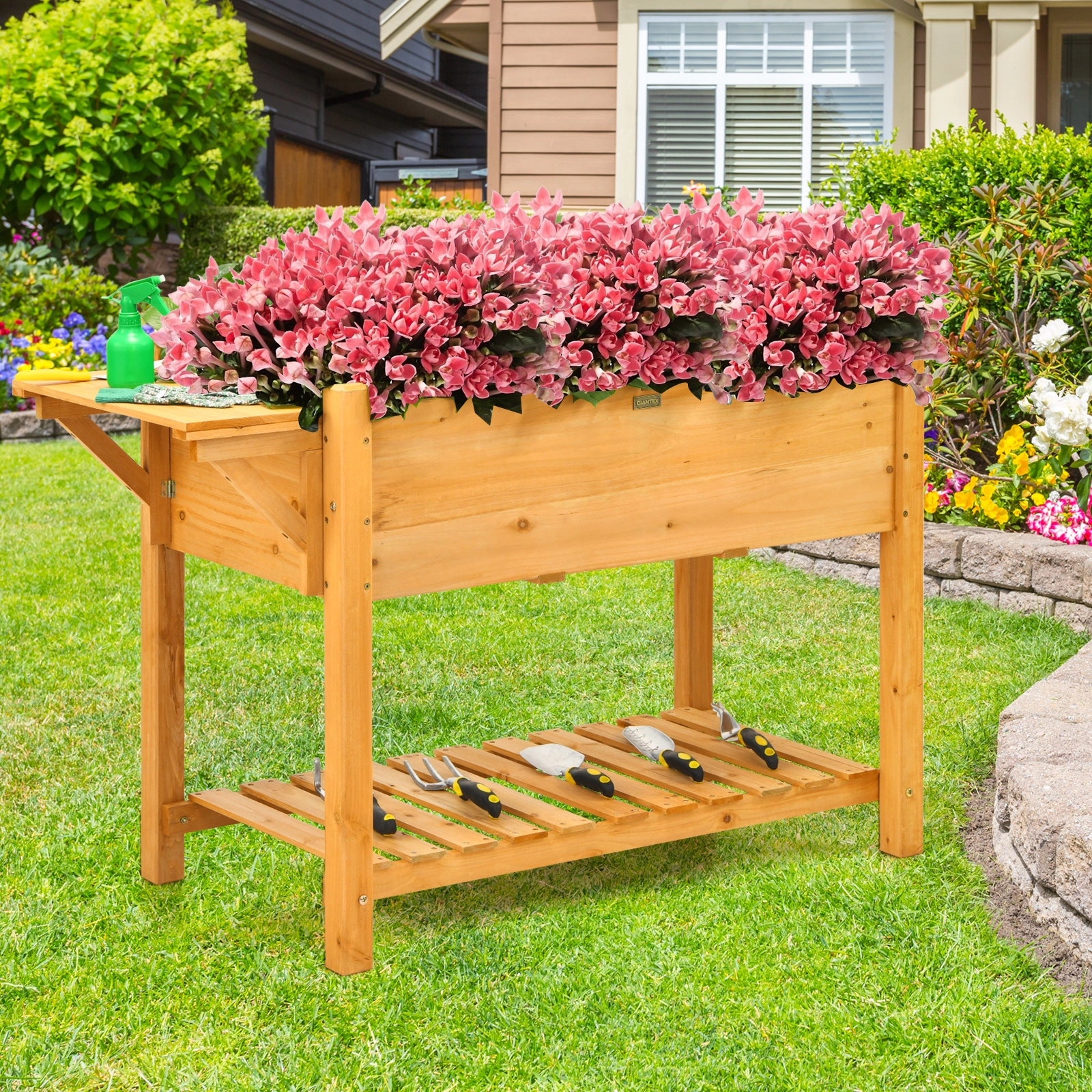 Slickblue Outdoor Wooden Raised Garden Bed with Shelf Planter