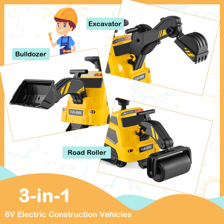 Hivvago 6V Ride on Tractor 3-in-1 Electric Excavator with Adjustable Arms and Music-Yellow