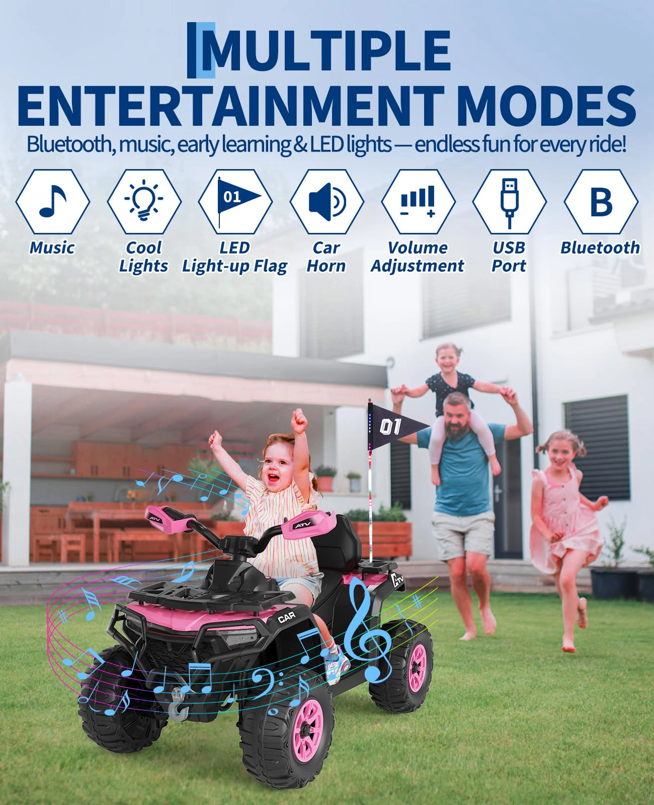 Enjyam 12V Kids Ride On ATV Car with Parent Remote, Off-Road 4 Wheeler w/ Suspension, LED Flag, Bluetooth, USB