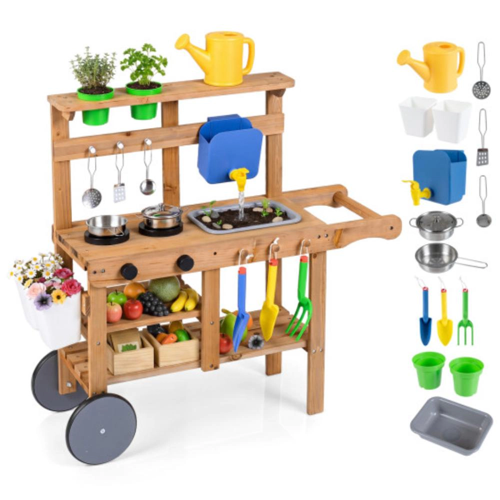 Hivvago Kids Mud Kitchen with Water Tank and Sink and 15 Accessories