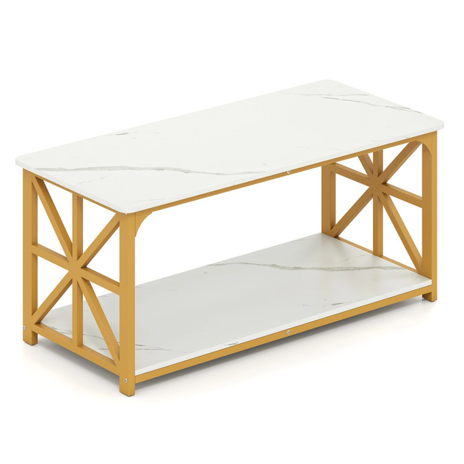 SUGIFT 43-in 290-lb Overall Capacity 2-Tier White and Gold Classic Coffee Table with X-Shaped Steel Frame