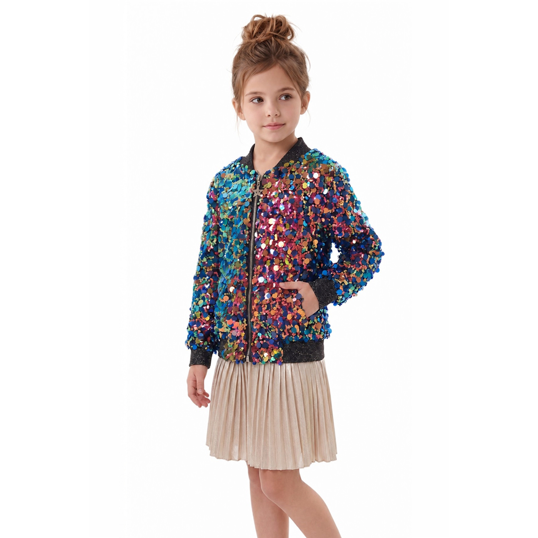 2Bunnies Girls' Fiesta Glow Sparkle Sequin Holiday Party Bomber Jacket