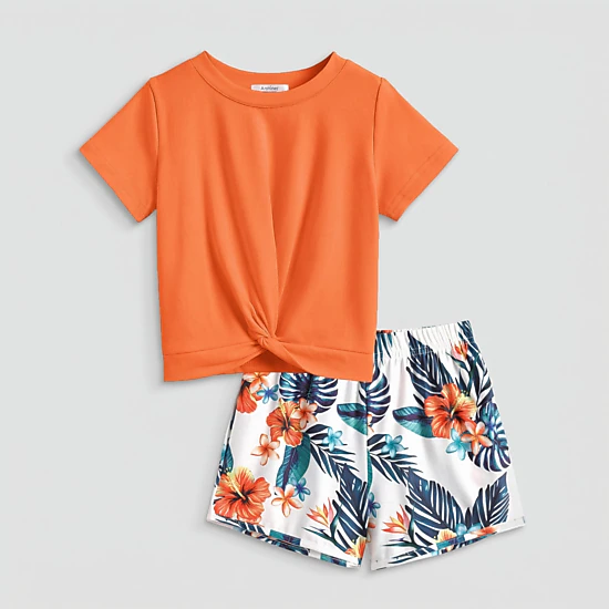 Arshiner Girls Summer Outfits Piece Sets Twist Front Short Sleeve Shirts And Casual Short Sets