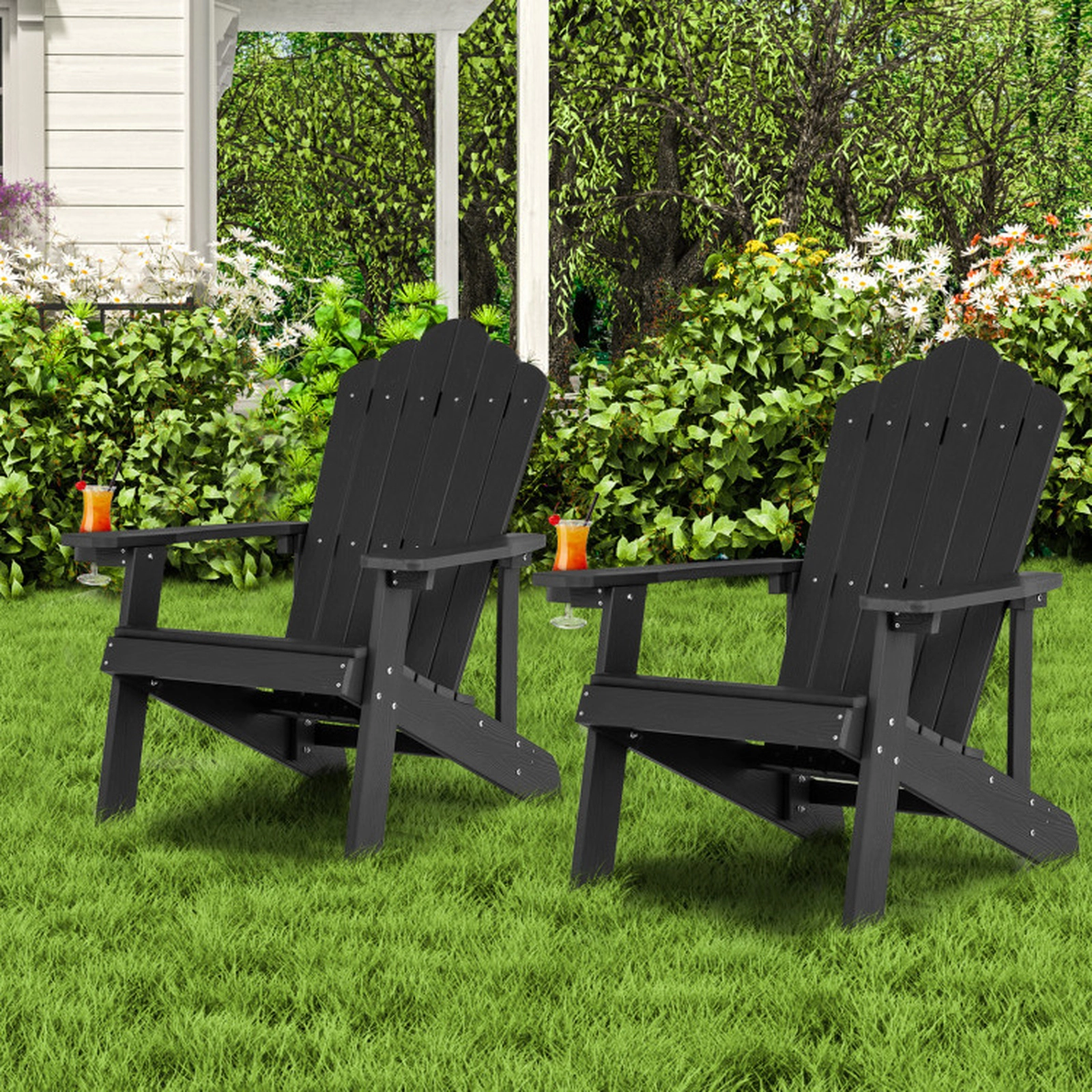 SUGIFT Black Adult and Kids Adirondack Chair Set of 2 with Cup Holder 33.5-in W 30-in D 380-lb Seat Capacity