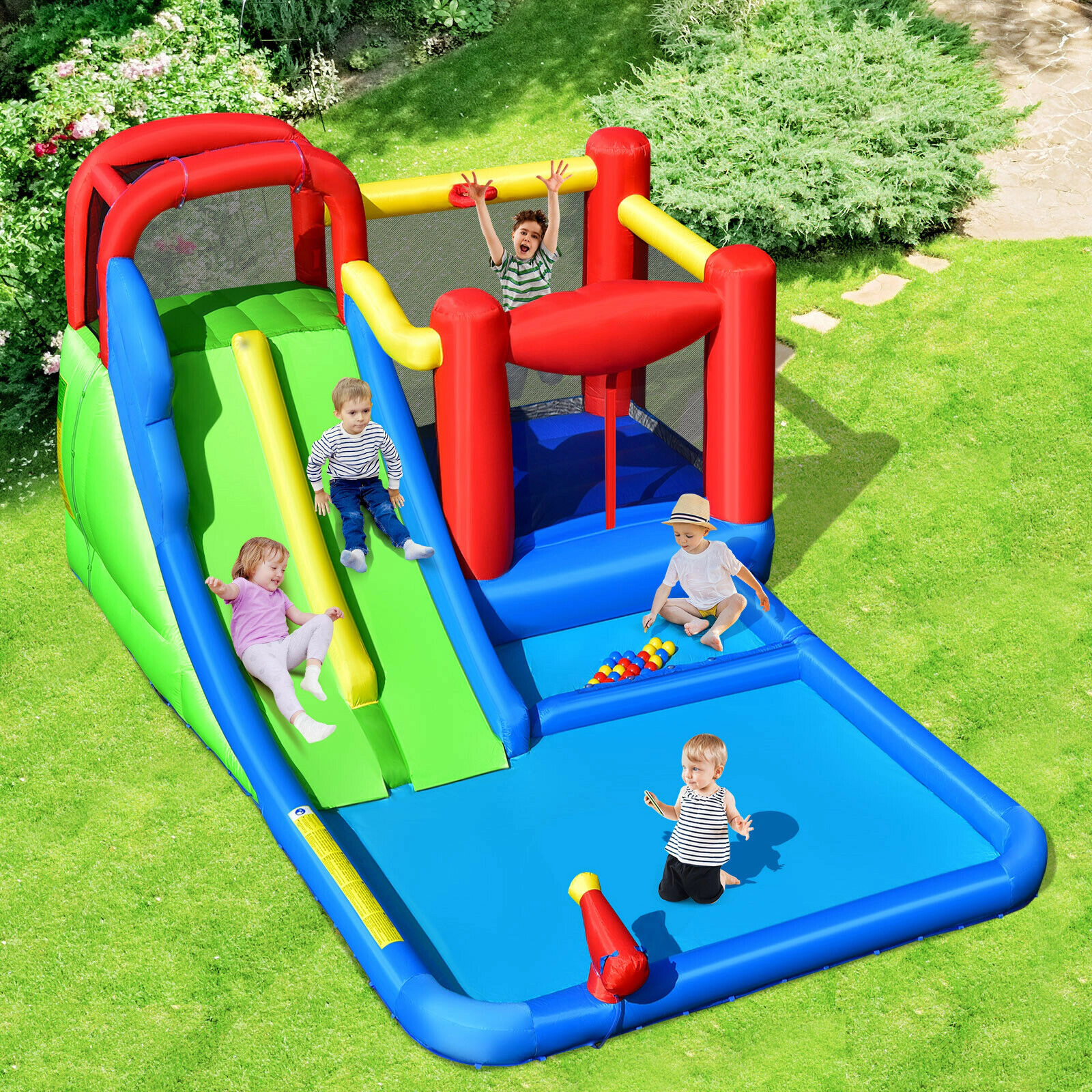SUGIFT Inflatable Water Slide Bounce House with Ocean Spheres and Basketball Hoop 300-lb Total Capacity Ages 3-10