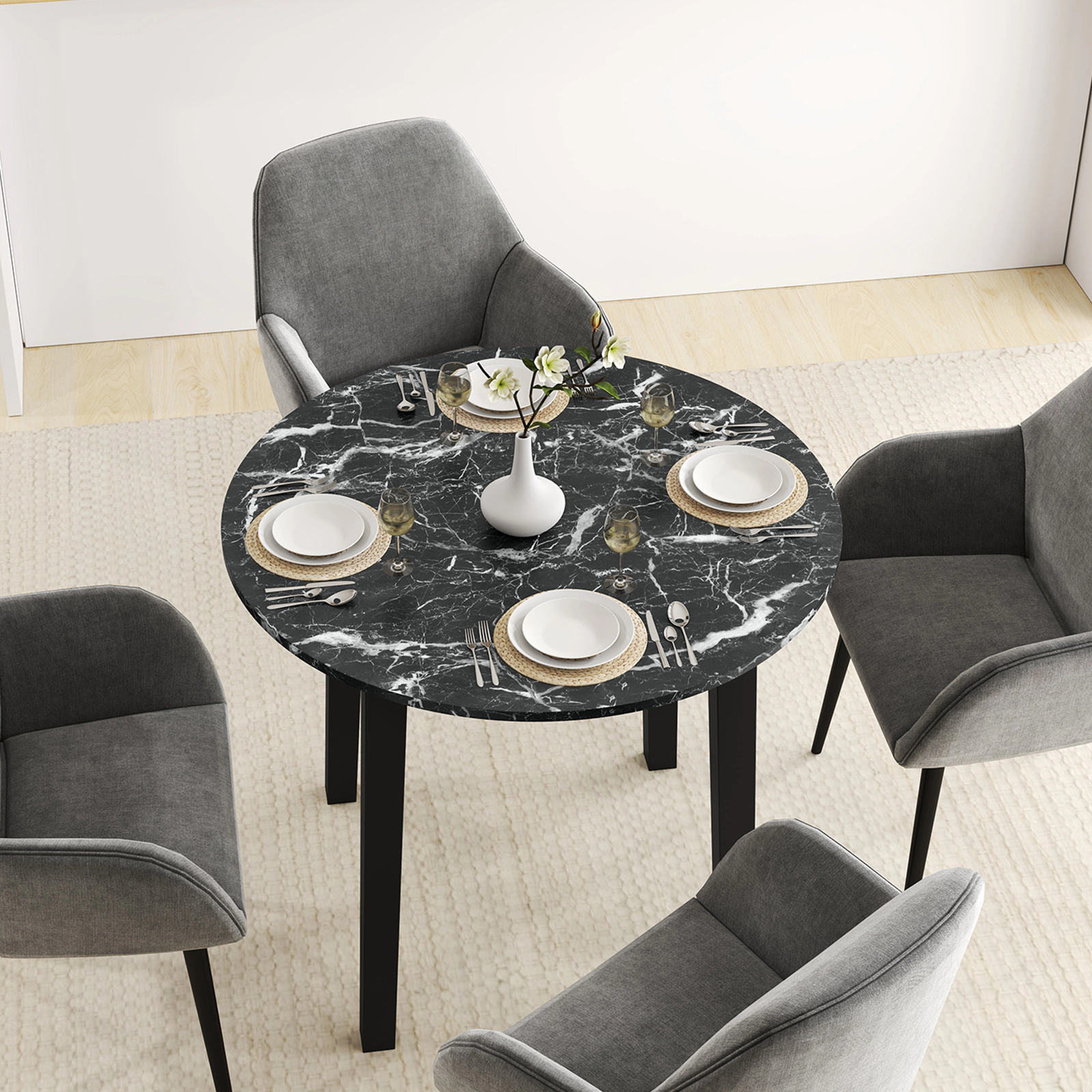 LJG 35 Inch Round Dining Table with Rubber Wood Legs and Marble-Textured Veneer Tabletop