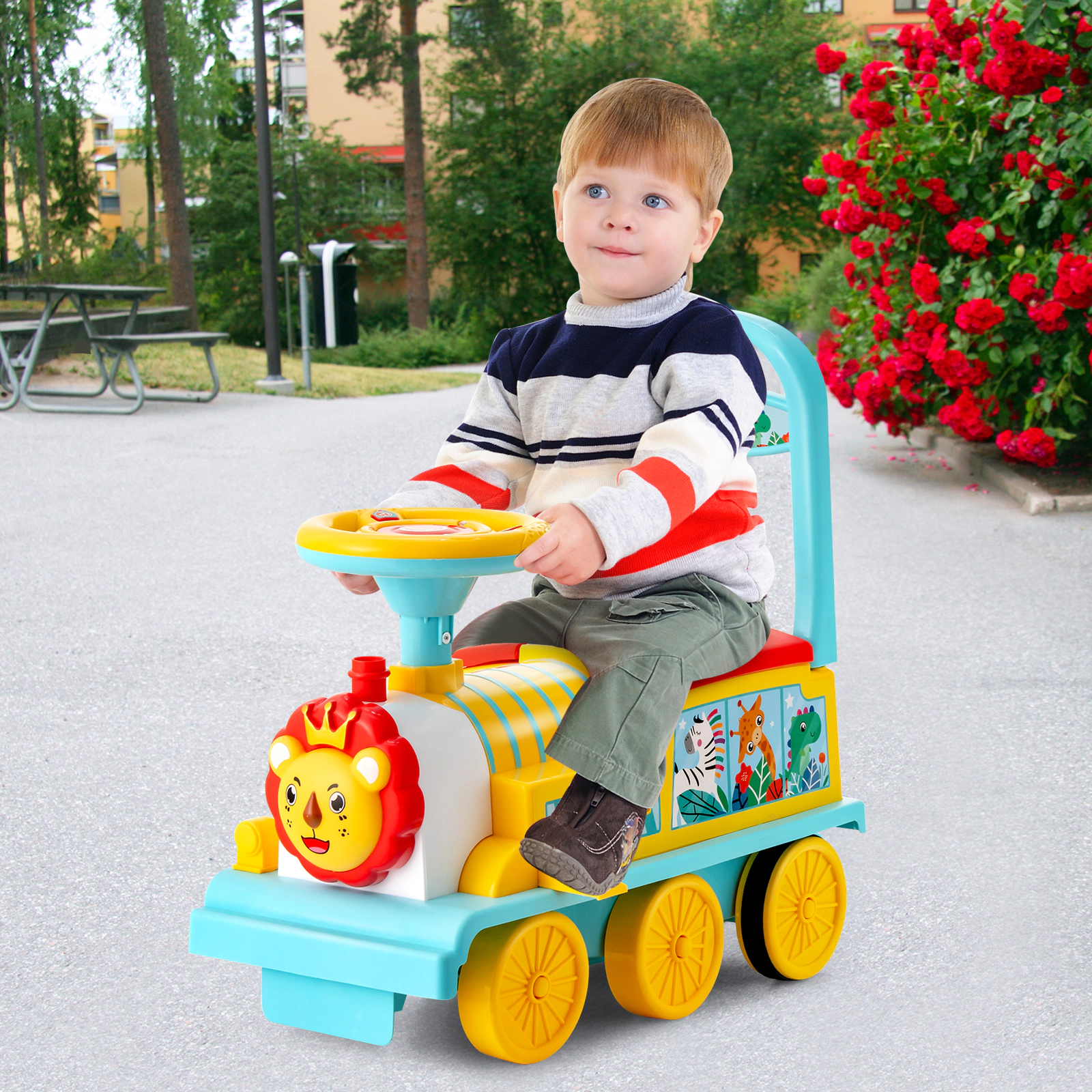 Costway 6V Electric Kids Ride On Train Motorized Toy w/ Track & 6 Wheels Blue