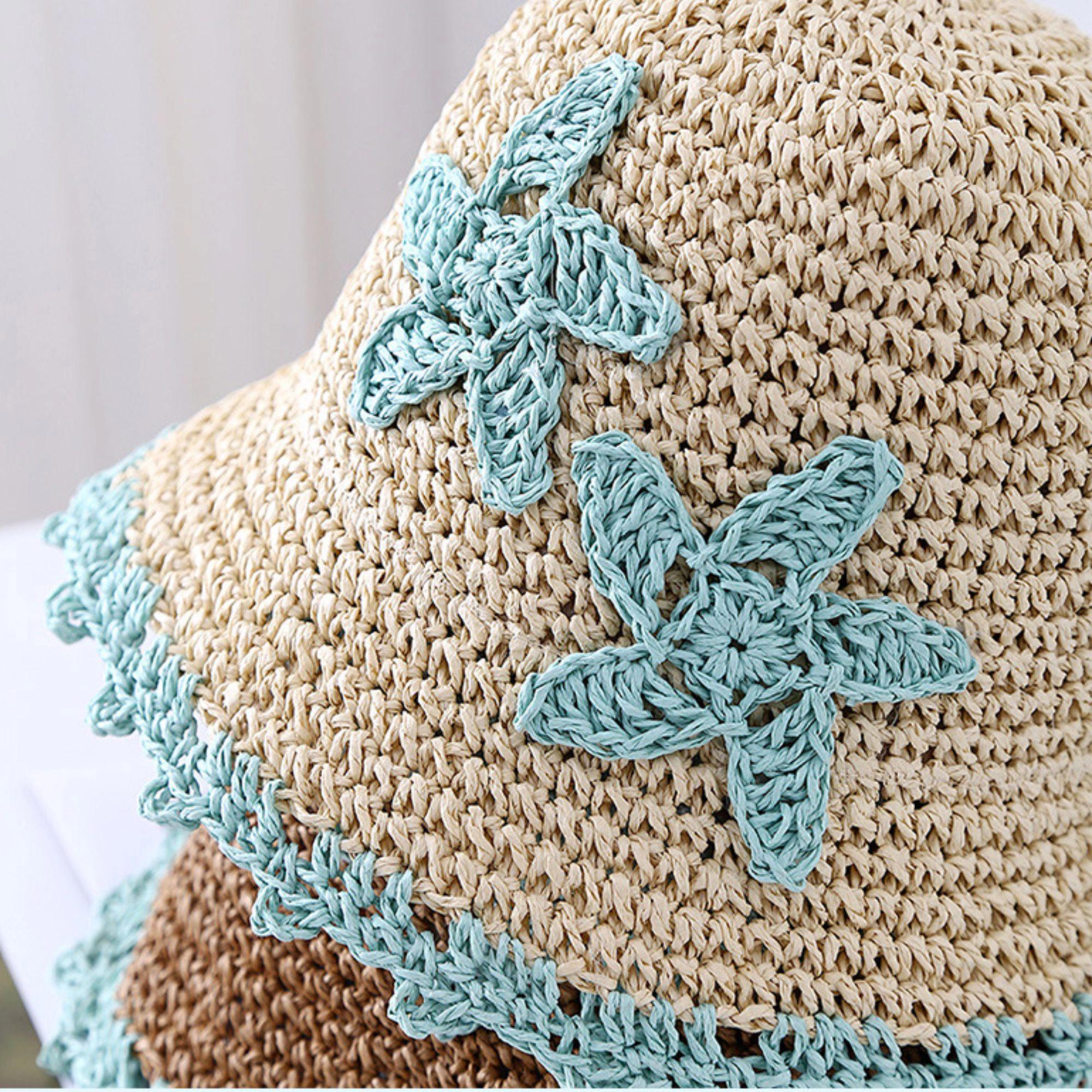 Anna-Kaci Women's Women Woven Straw Bucket Hat Wide Brim Lightweight Sun with Floral Applique Detail