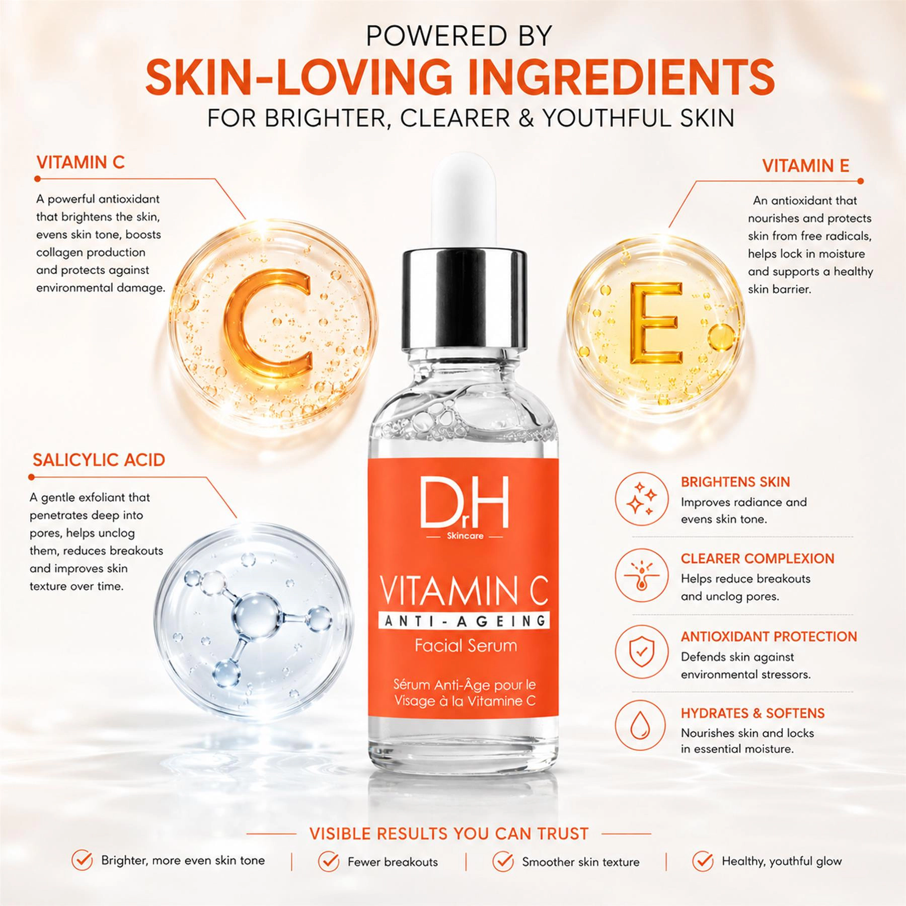 Dr H Anti-Ageing Vitamin C Facial Serum 30ml - Targets Acne, Blemishes & Large Pores