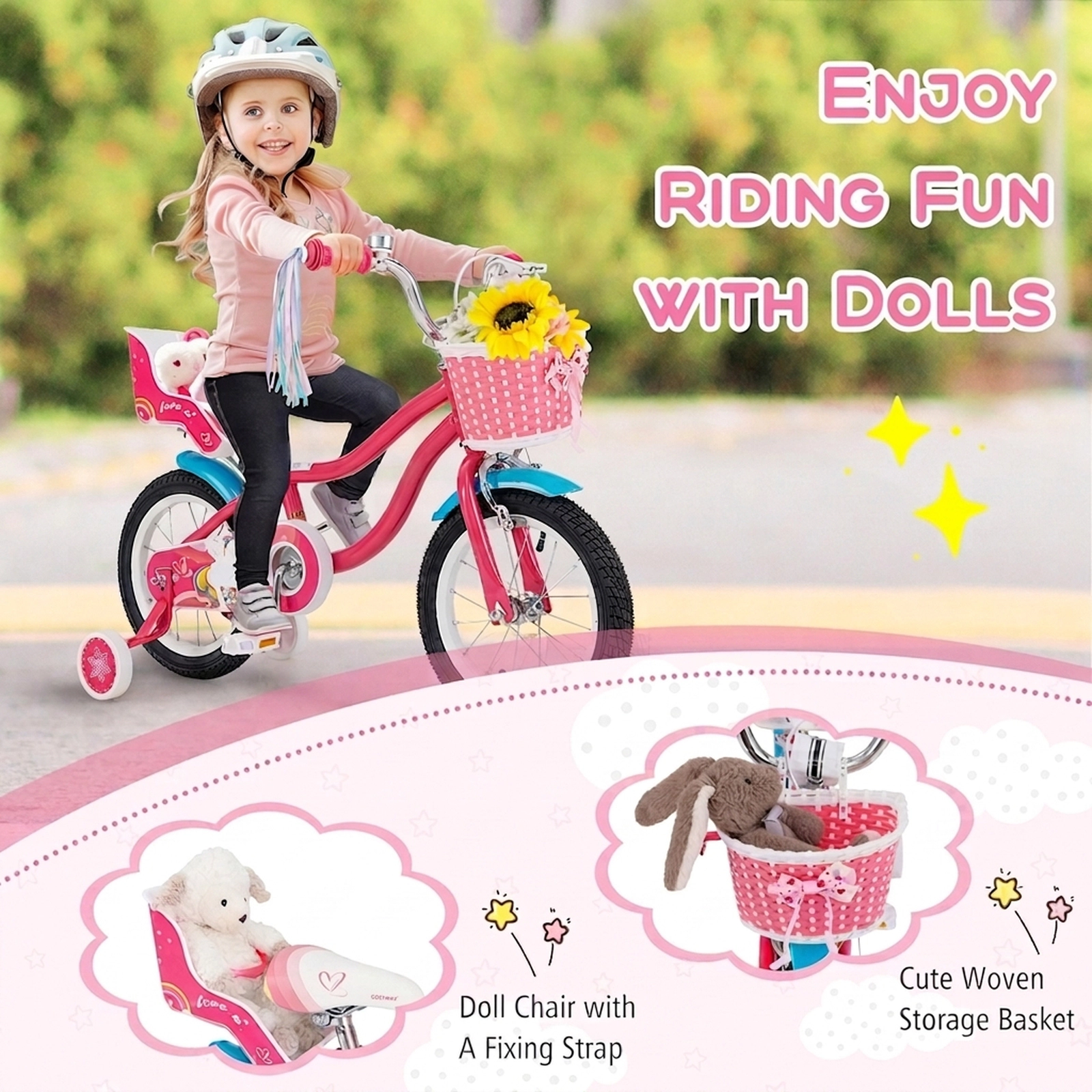 14-in Girls Bike Doll Seat Basket and Removable Training Wheels for Kids Ages 3-5 Adjustable Saddle and Handlebar Pink