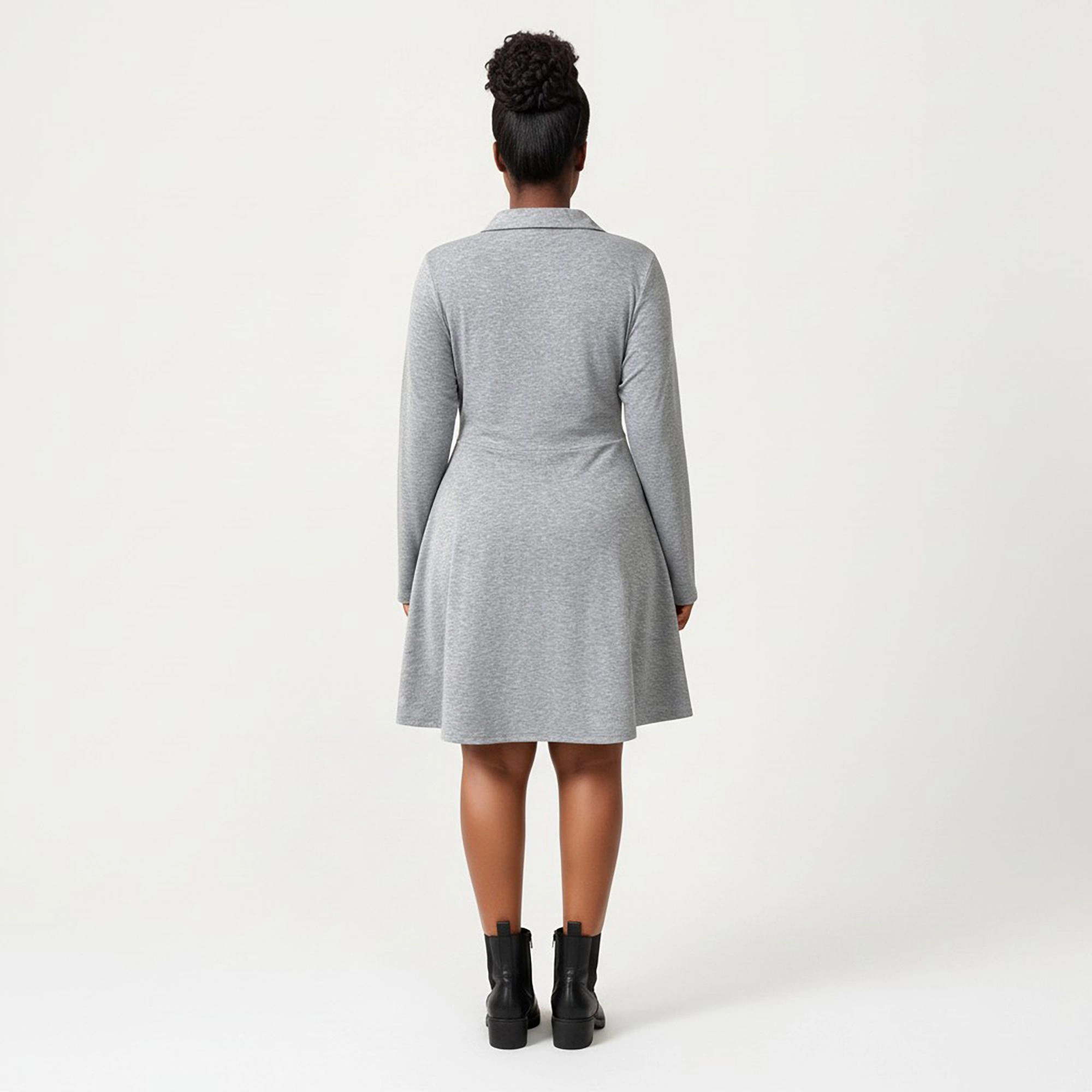 Anna-Kaci Women's Plus Long Sleeve Collared Neck Twist Front Detail Flowy Skirt Knit Dress