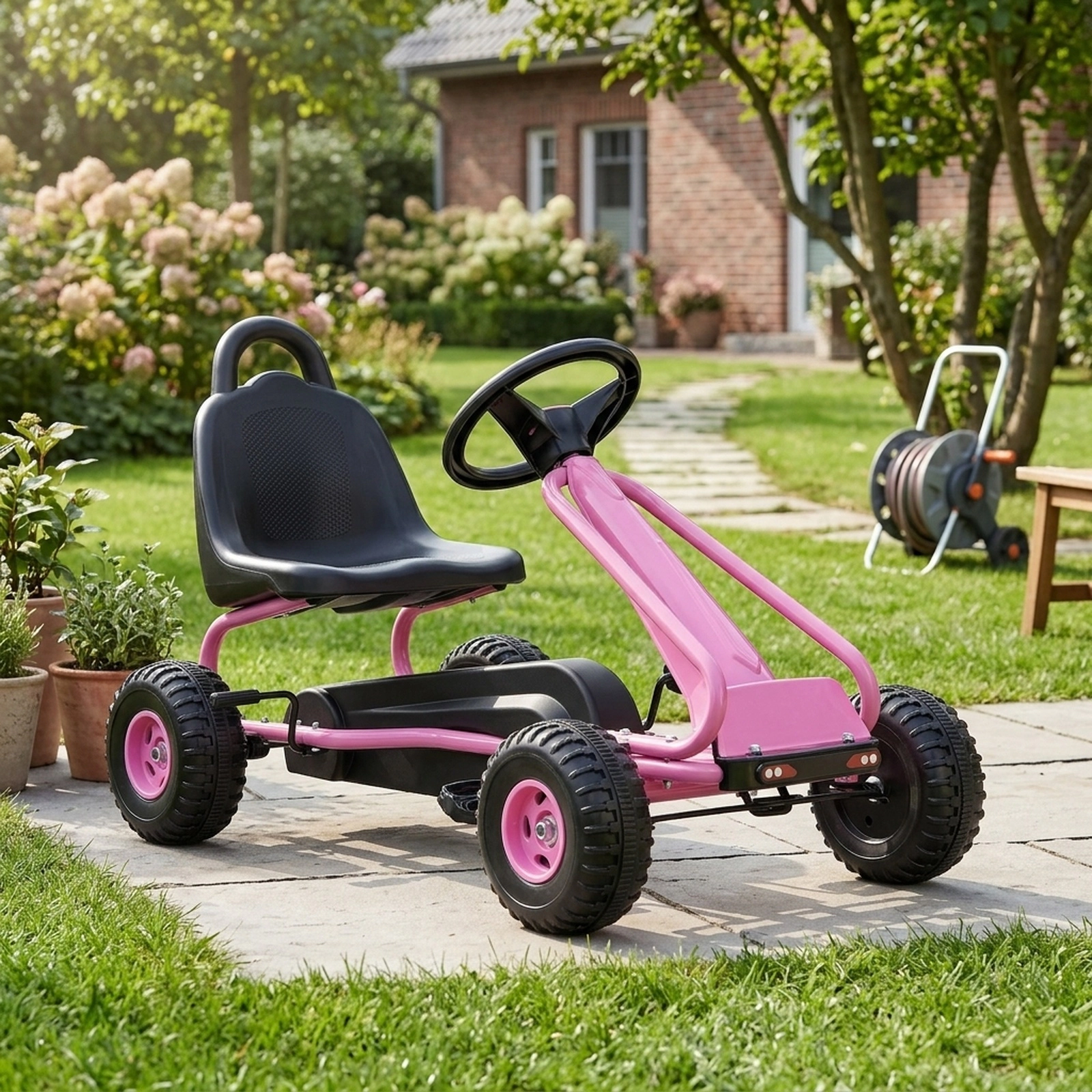 4-Wheel Pedal Go Kart for Kids Ages 3-6 Adjustable Bucket Seat Hand Brake and Enclosed Chain Cover Ride On Pedal Car