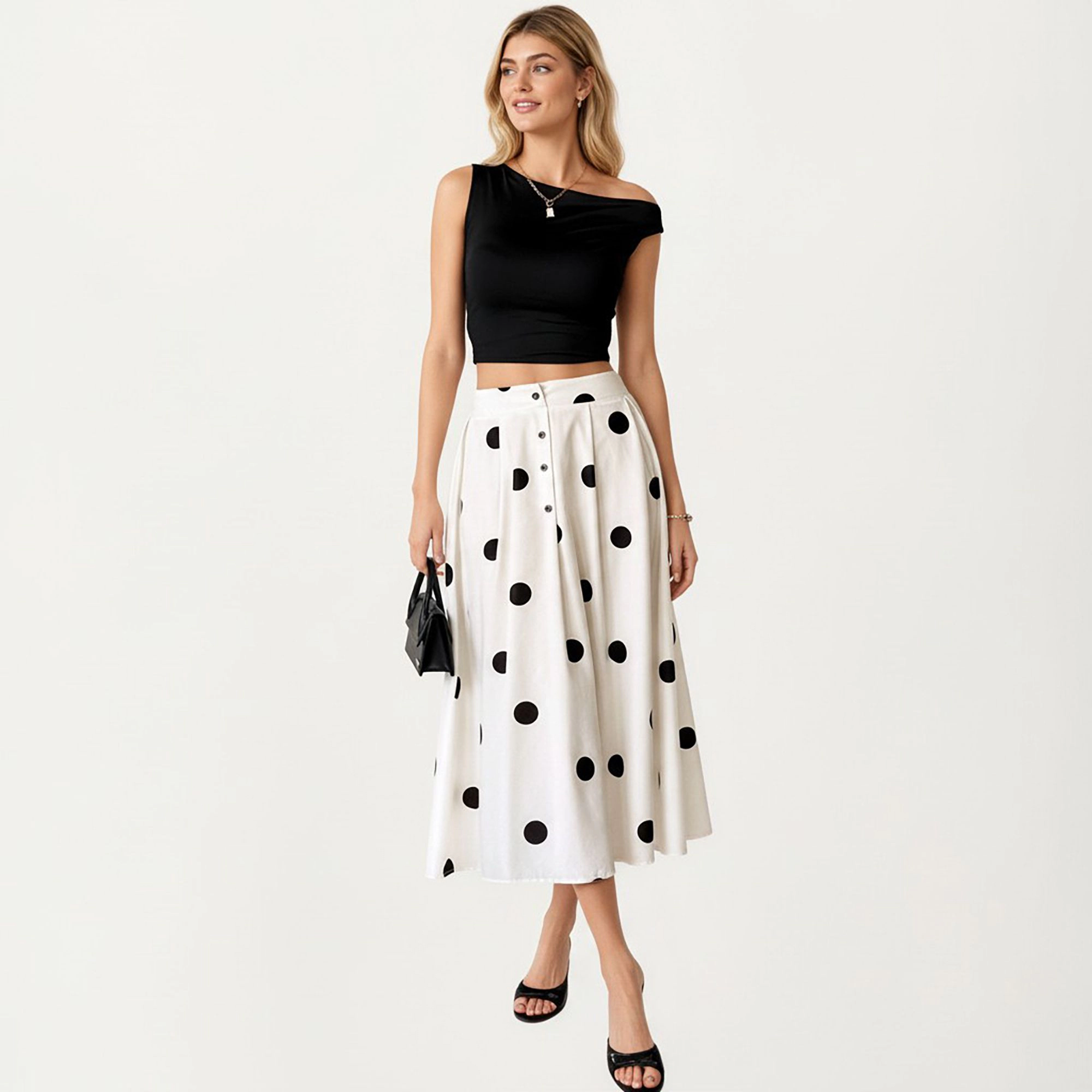 Anna-Kaci Womens Polka Dot Button-Front A-Line Midi Skirt