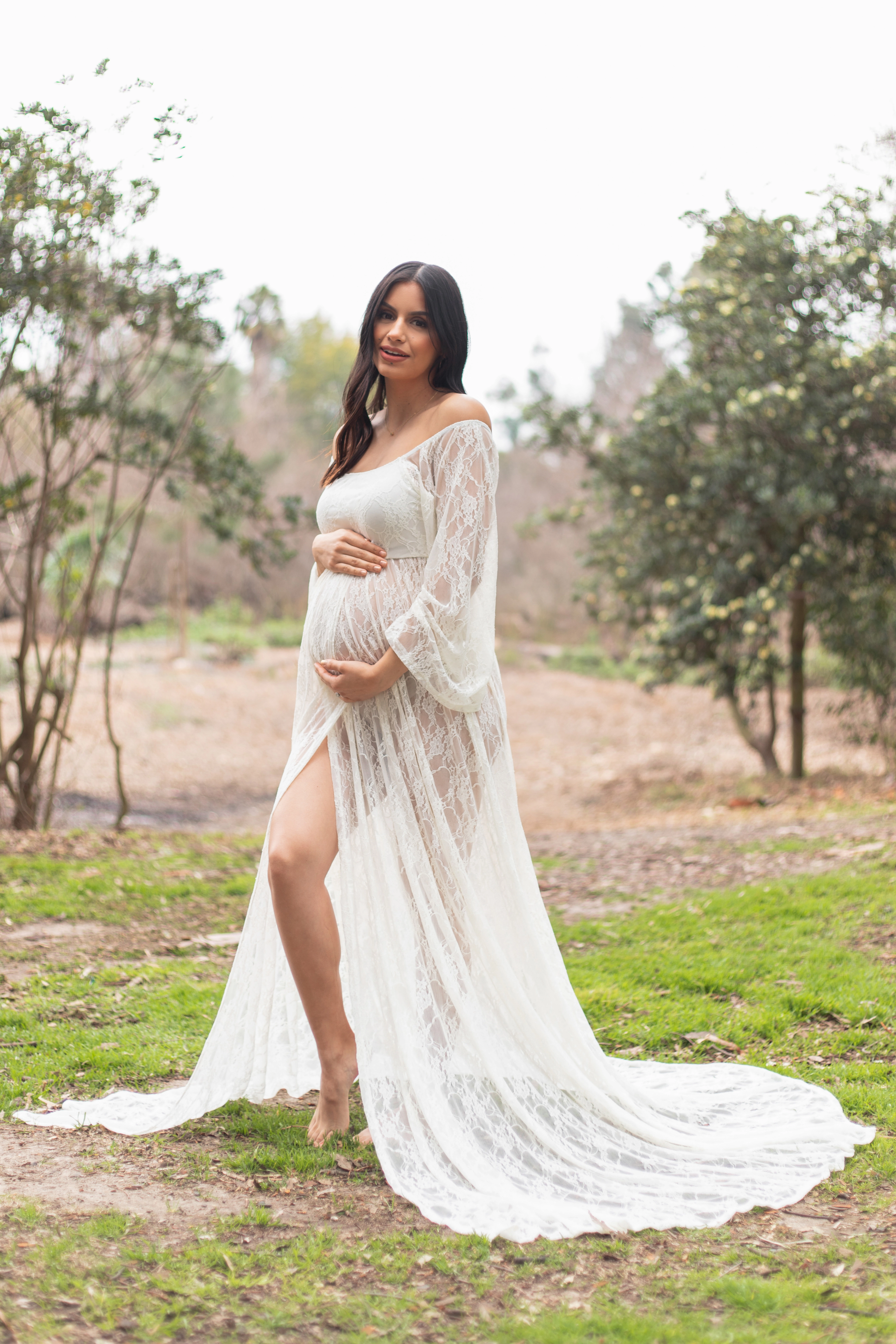 PinkBlush Womens White Lace Off Shoulder Maternity Photoshoot Gown/Dress