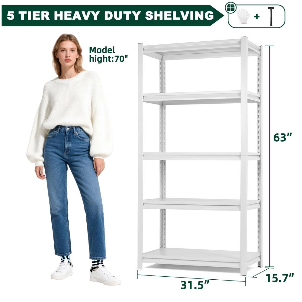 Flynama 5-Tier Freestanding Household Shelving, Heavy Duty Steel, Adjustable, White (31.5"W x 63"H x 15.7"D)