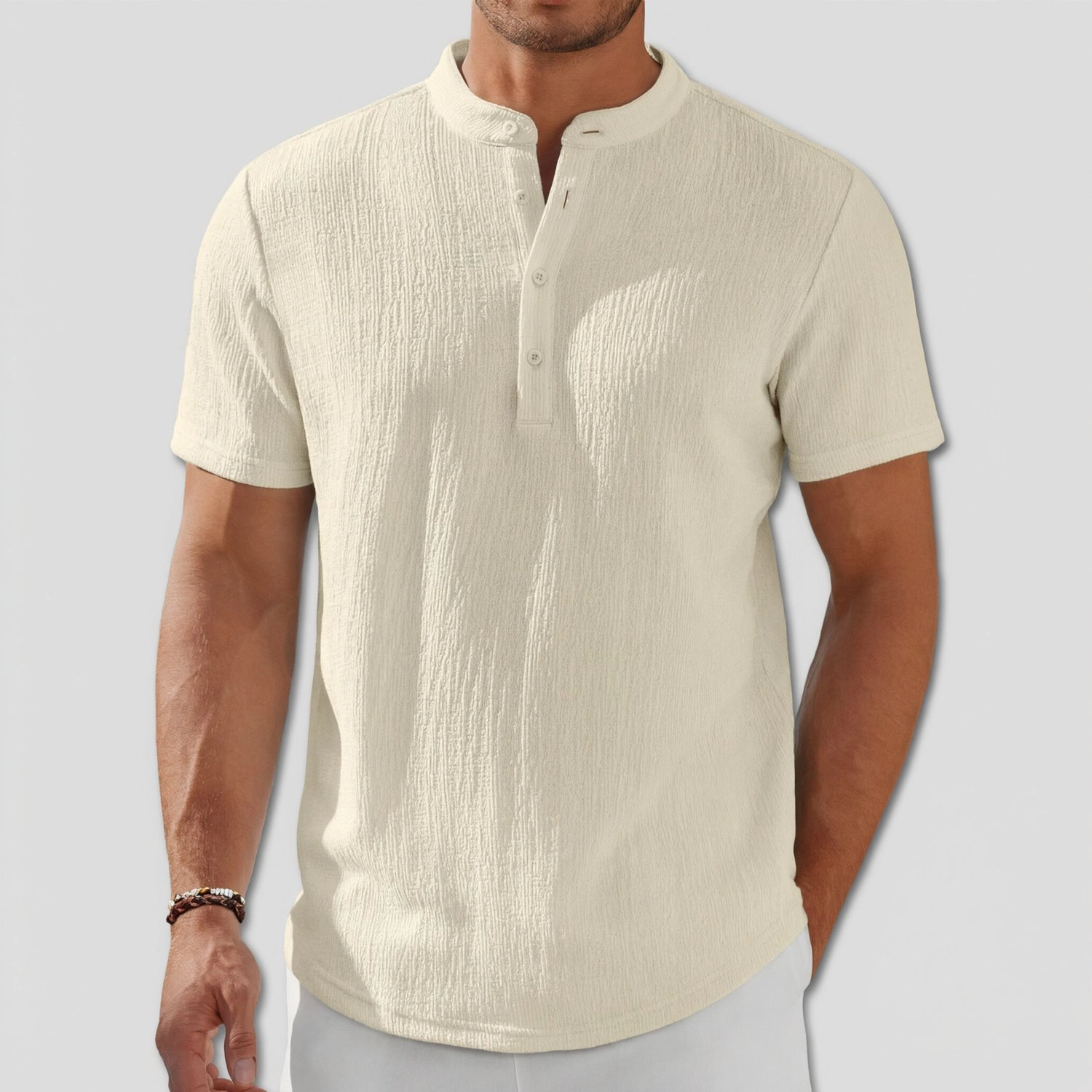 COOFANDY Mens  Casual Henley Shirt Short Sleeve Band Collar Button Crinkle Tee