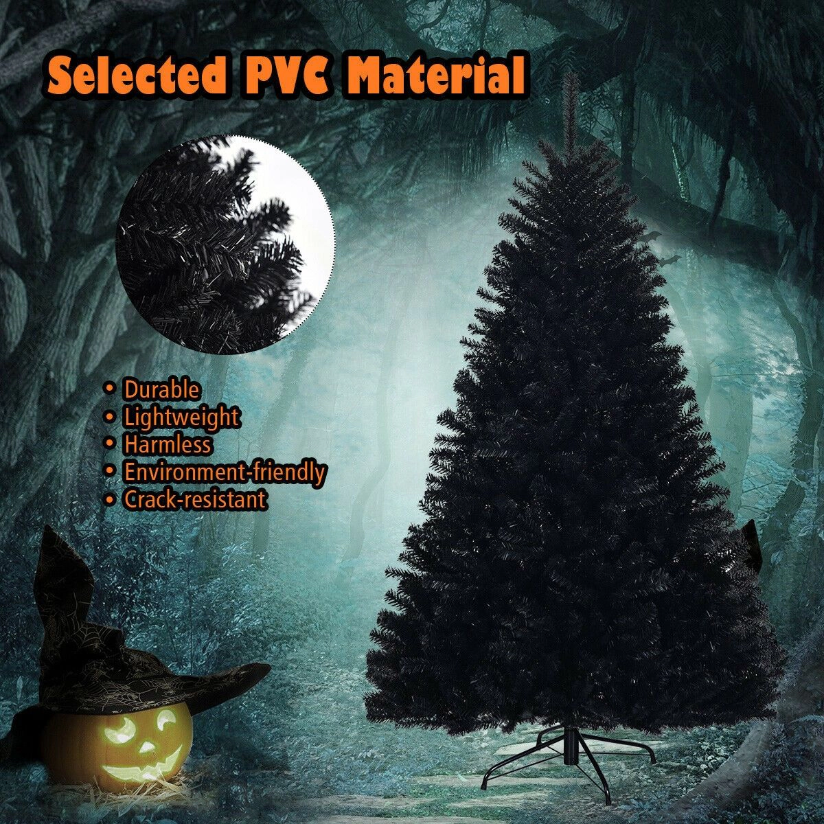 SlickBlue Unlit Black Pine Tree with Hinged Branches and Metal Stand