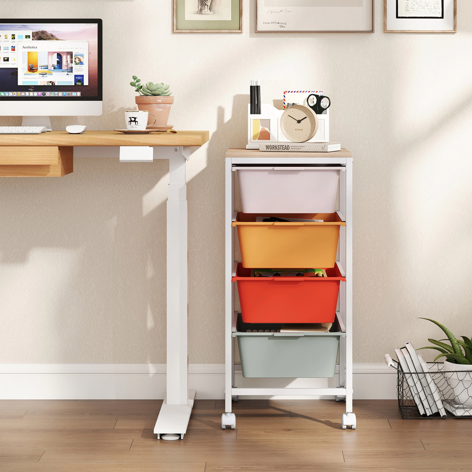 SUGIFT 28-in 4-Drawer Rolling Cart with Wood Top Nightstand and Coffee Station Organizer on Quiet Casters