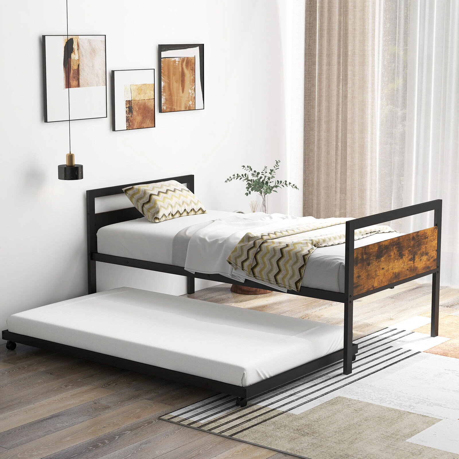 SUGIFT Twin Daybed Trundle Lockable Wheels Twin Size 550-lb Sofa Capacity 265-lb Trundle Capacity Rustic Brown & Black