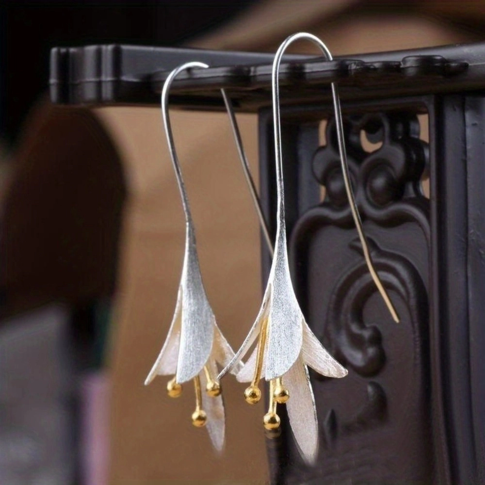 Dual-Tone Gold Silver Lily Flower Hook Earrings for Women
