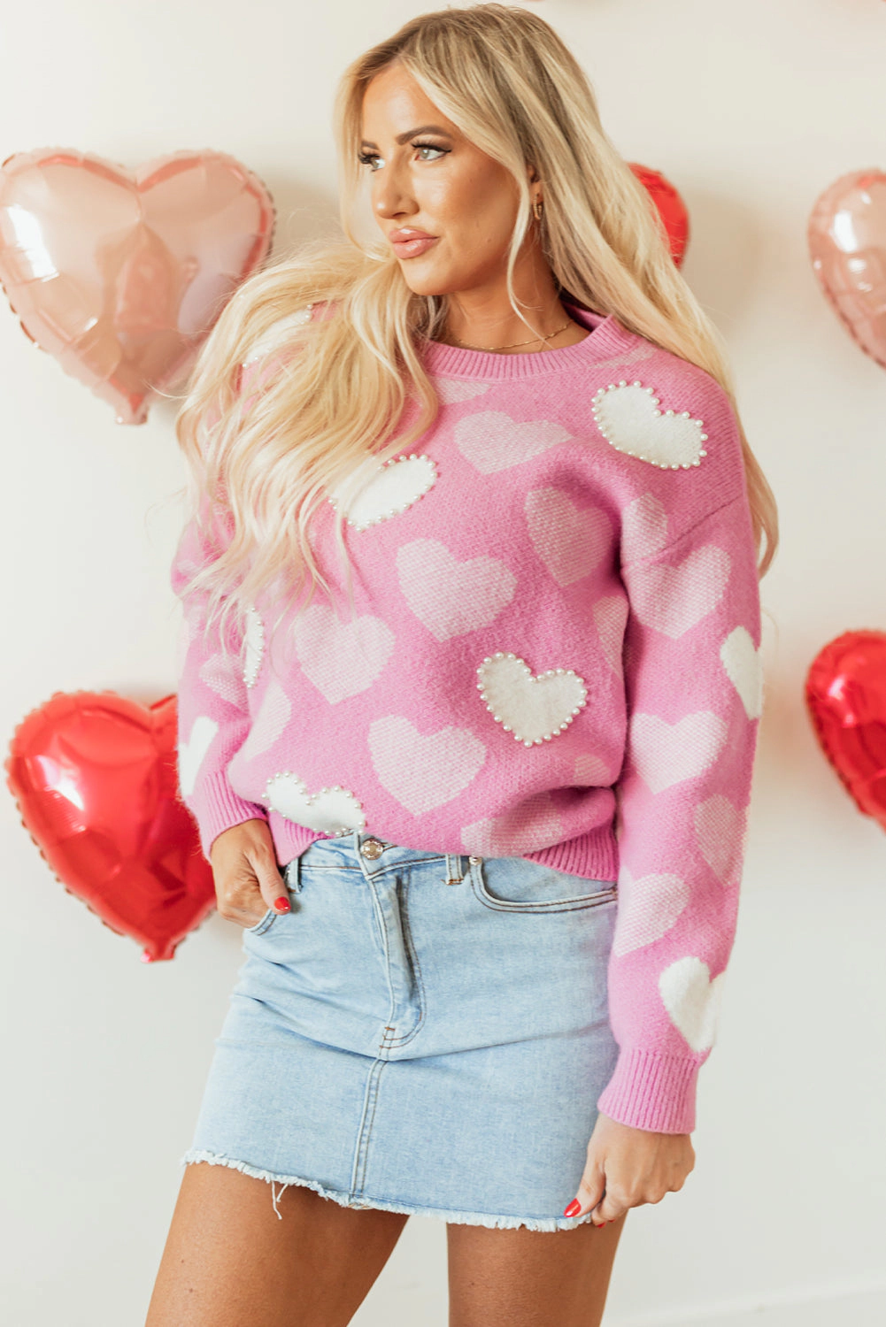 Threaded Pear Women's Pearled Heart Valentines Sweater