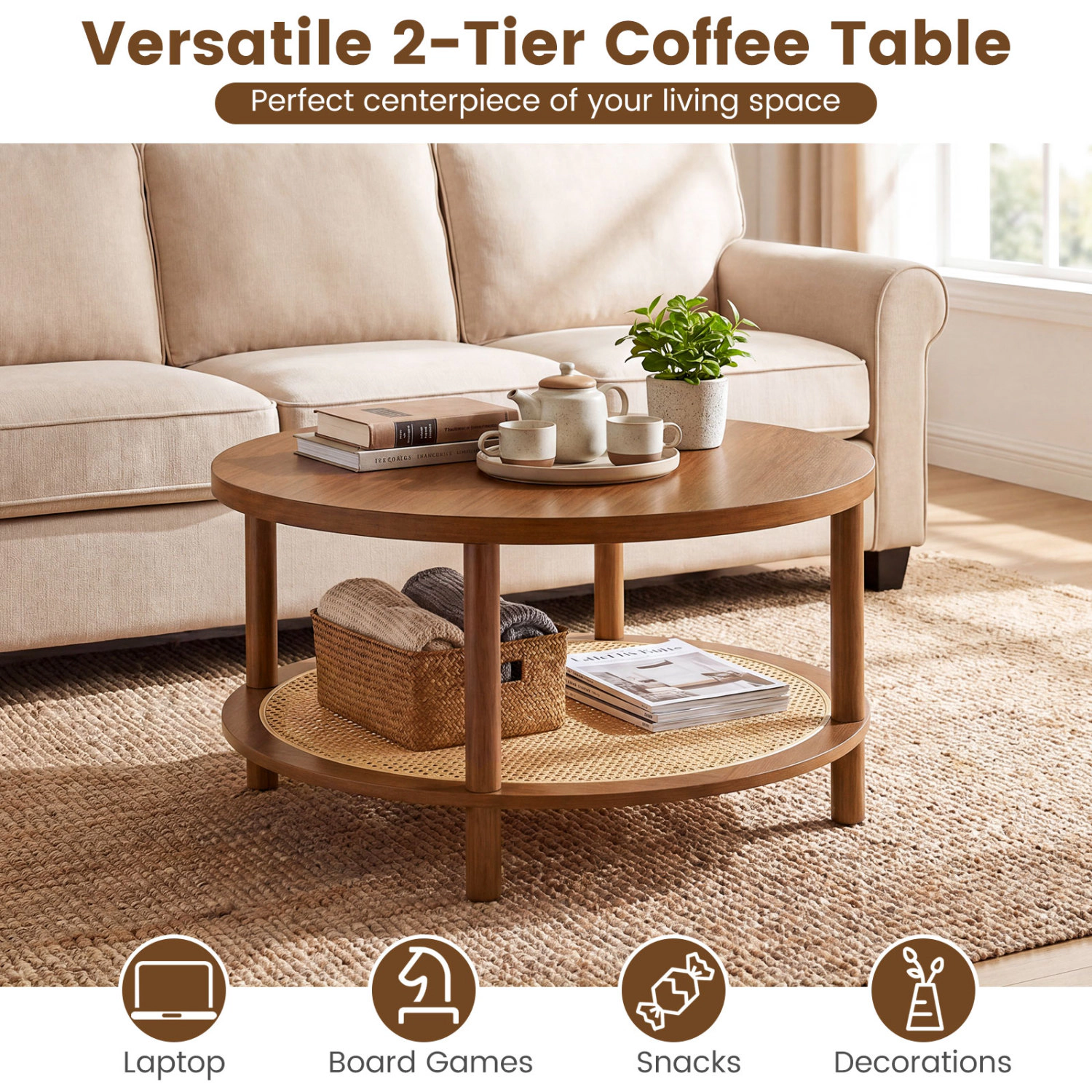 Glintex 2-Tier Boho 31.5-Inch Round Rattan Coffee Table with Shelf, Walnut