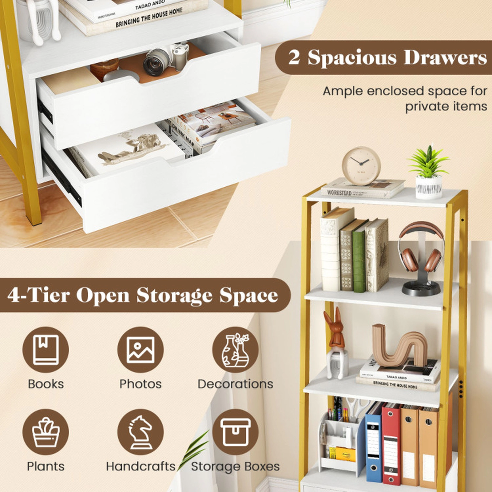 SUGIFT 4-Tier Ladder Shelf with 2 Drawers Freestanding Bookcase 200-lb Total Capacity 40-lb Shelves 20-lb Drawers White